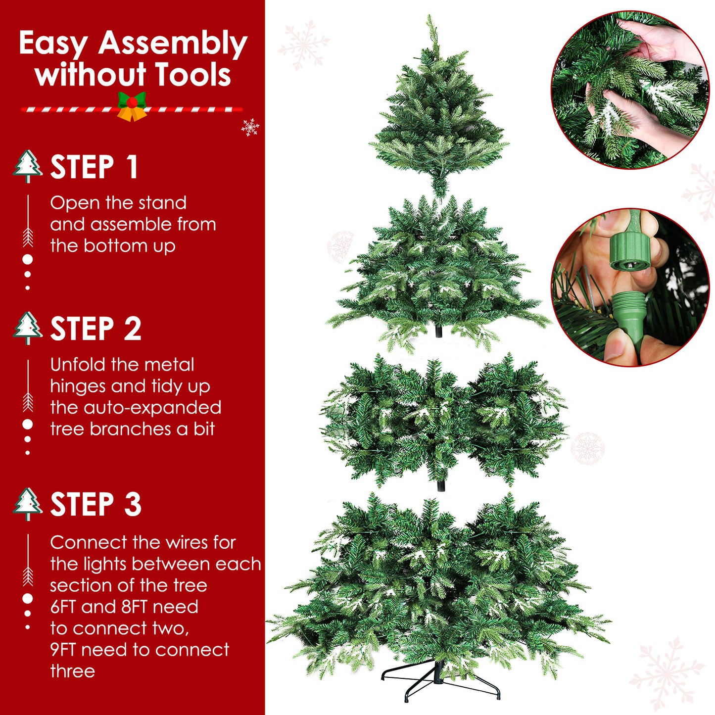 pirecart 6/8/9ft Artificial Holiday Christmas Tree with Ice Crystal Snow Standing Xmas Tree with Warm lights & Metal Stand