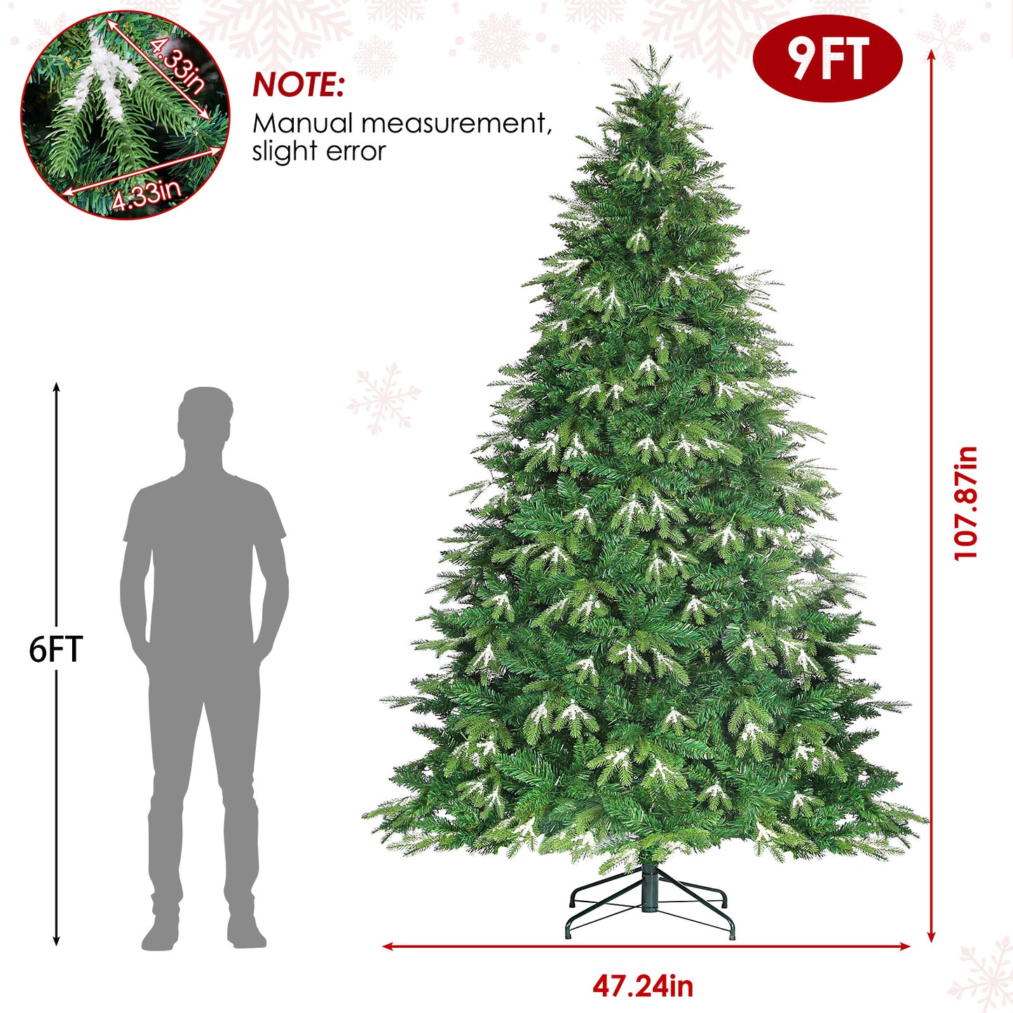 pirecart 6/8/9ft Artificial Holiday Christmas Tree with Ice Crystal Snow Standing Xmas Tree with Warm lights & Metal Stand