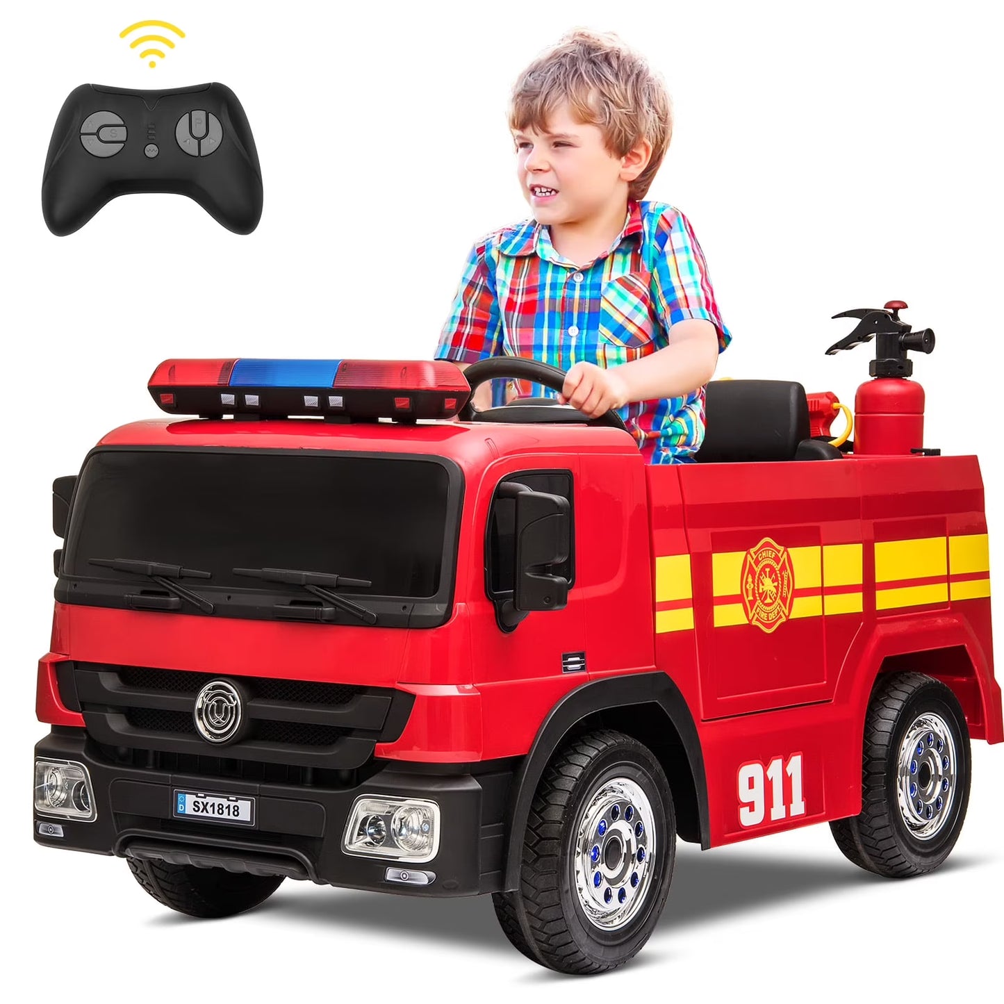 pirecart Ride On Fire Truck 12 Volt Battery Powered Fire Car Toy with Remote Control