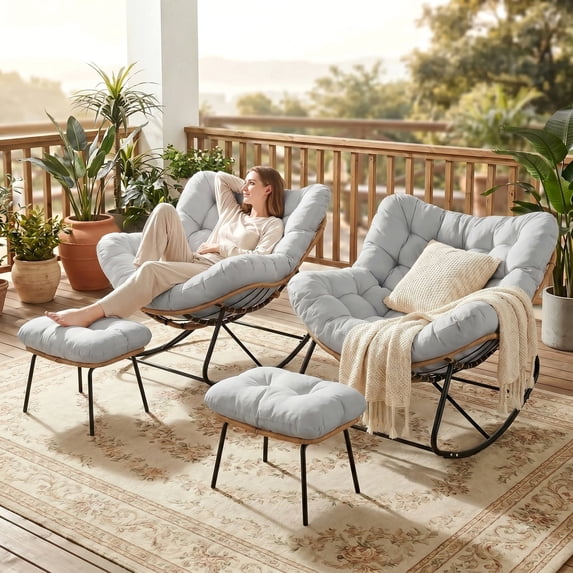 Pirecart Papasan Rocking Chair, Indoor Outdoor Comfy Papasan Chair, Wicker Egg Lounge Chair, Oversized Rocking Chair with Cushion for Living Room/Porch/Garden