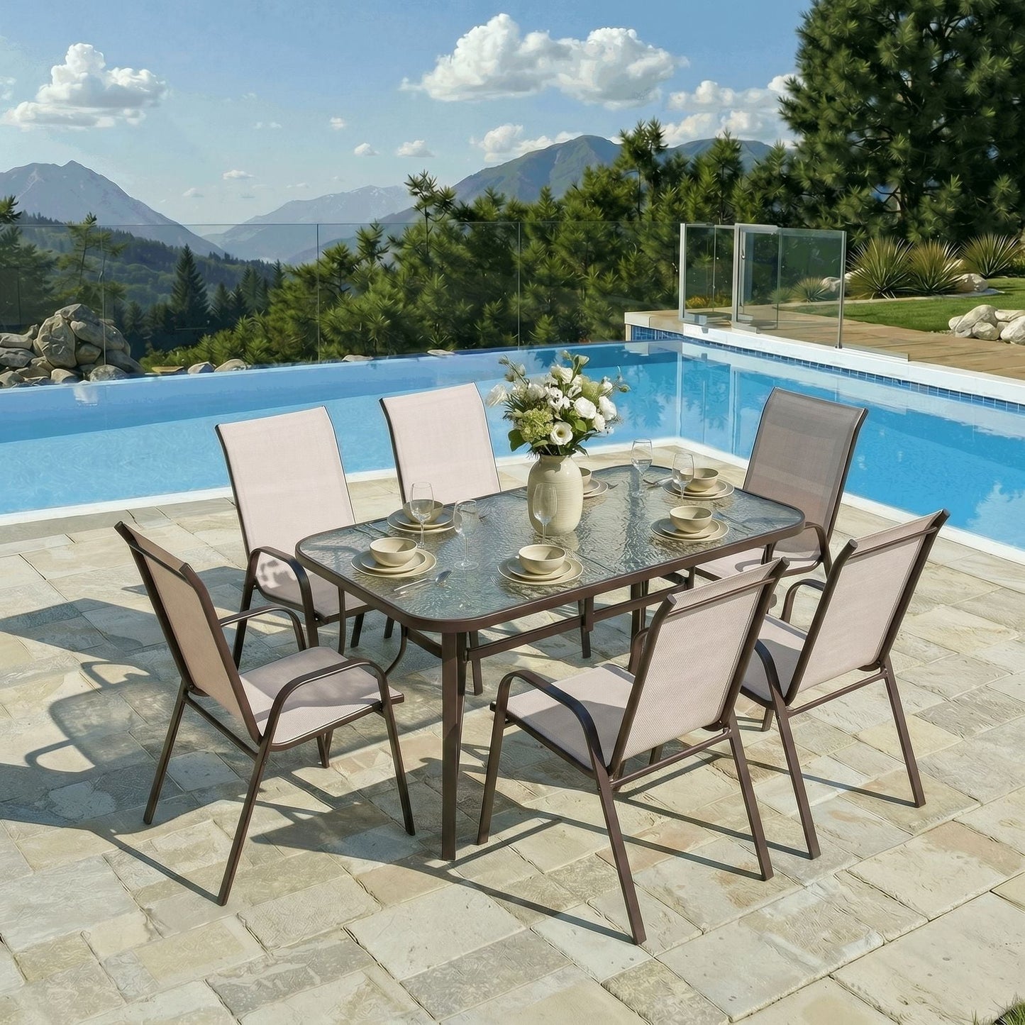 Pirecart Outdoor Table and Chair Set of 7, Textilene Patio Furniture Set Suitable for All Weather with Umbrella Hole, for Backyard Poolside