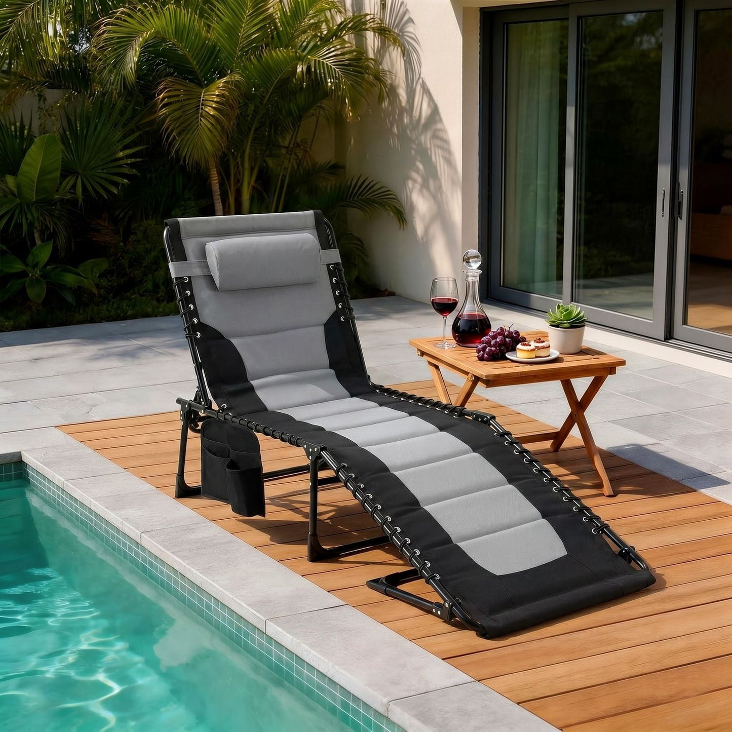 Pirecart 5-Position Adjustable Lounge Chair, Padded Folding Tanning Bed Chaise Lounge Chair, with Pillow, Side Pocket, Carrying Handle