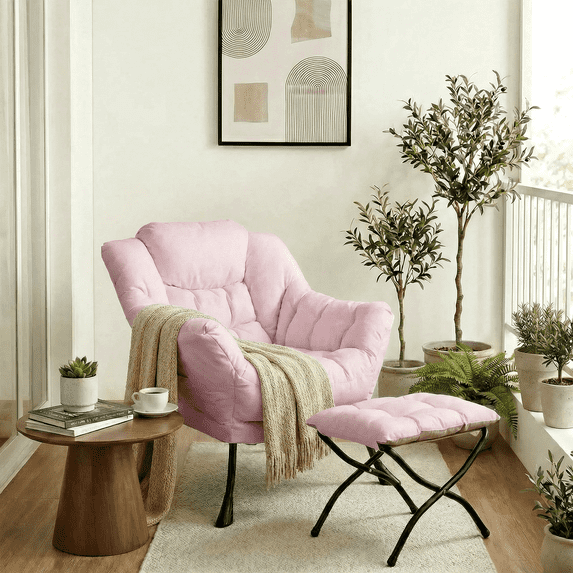 Pirecart Fabric Lazy Chair with Foldable Ottoman and Side Pocket, Large Comfy Chair with Footstool Set Reading Chair Leisure Sofa Chair for Bedroom, Living Room