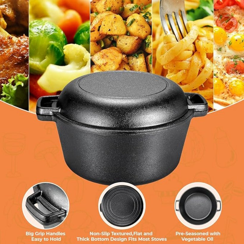 Dual-Purpose Dutch Oven Set: 5.1 Quart Cast Iron Pot & 1.9 Quart Convertible Lid (Doubles As Skillet), Complete With Silicone Handles & Iron Stand - Suitable For Oven, Stovetop, BBQ, Grill, & Campfire Cooking