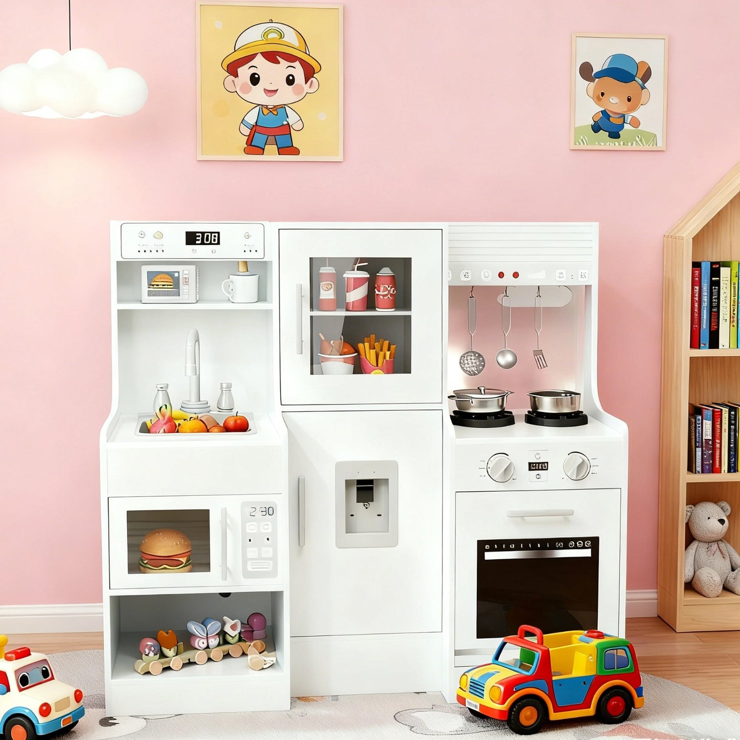 Pirecart Toddler Pretend Paly Kitchen, Wooden Kitchen Play Set with Real Sound and Light, 6-Piece Kitchenware, Sink & Stove, Water Dispenser & Hood, Kids Play Kitchen for Age 3+