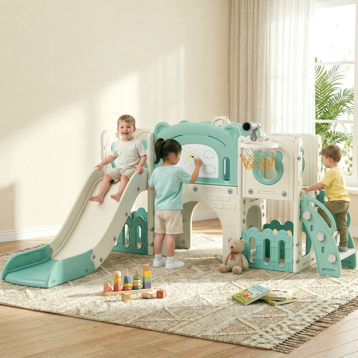 Pirecart 10-in-1 Kids Slide, Indoor Outdoor Toddler Slide Playground with Drawing Board, Basketball Hoop, Tunnel & Storage for Playroom, Kindergarten, Backyard, Gift for Children Age 3+