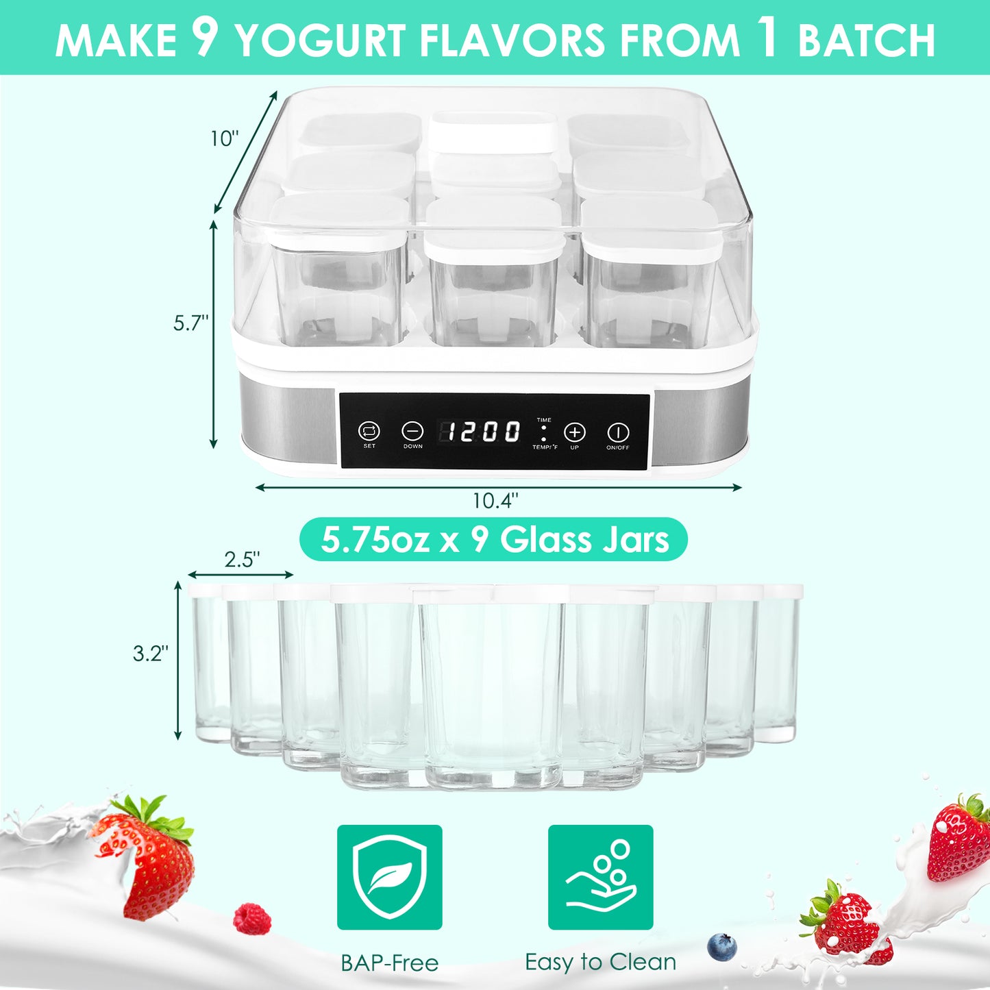 pirecart Yogurt Maker Machine, Greek Yogurt Maker with Temperature Control & Time Control, Automatic Digital Yogurt Machine is Easy to Use, Glass Jars are Easy to Clean, Perfect for Home Organic Yogurt