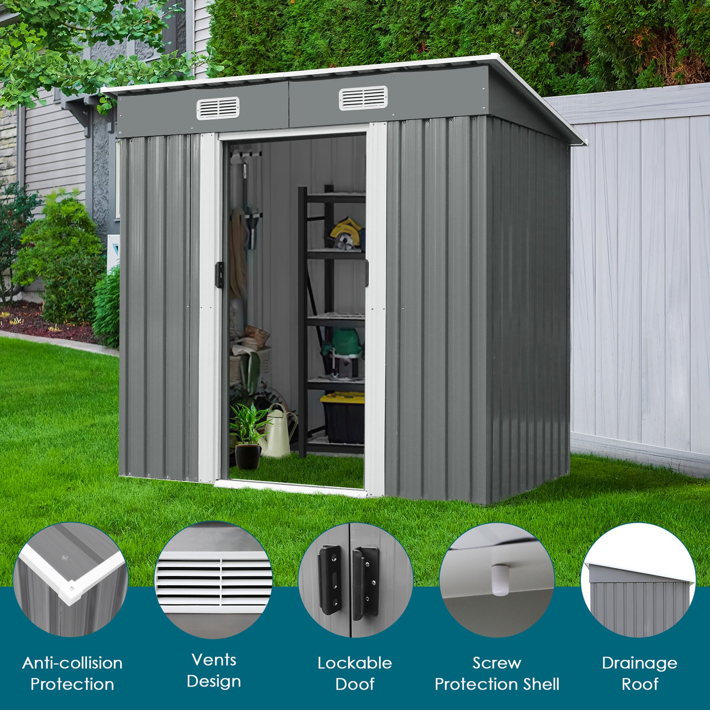 pirecart 6 ×3.5 FT Outdoor Storage Shed, Metal Garden Tool Shed with Sliding Door