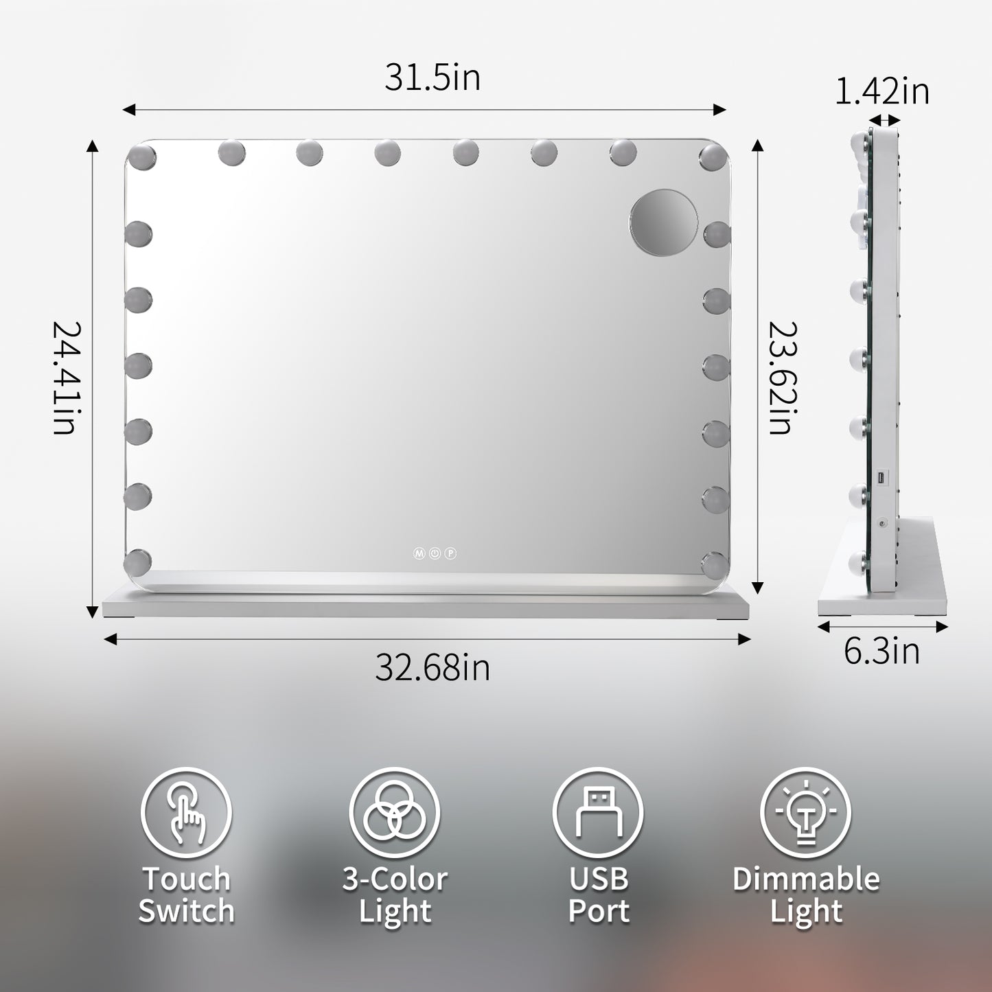 pirecart 22.8"x18.9"/31.5"x23.6" Hollywood Vanity Mirror with Light, 3 Color Lights Touch Control