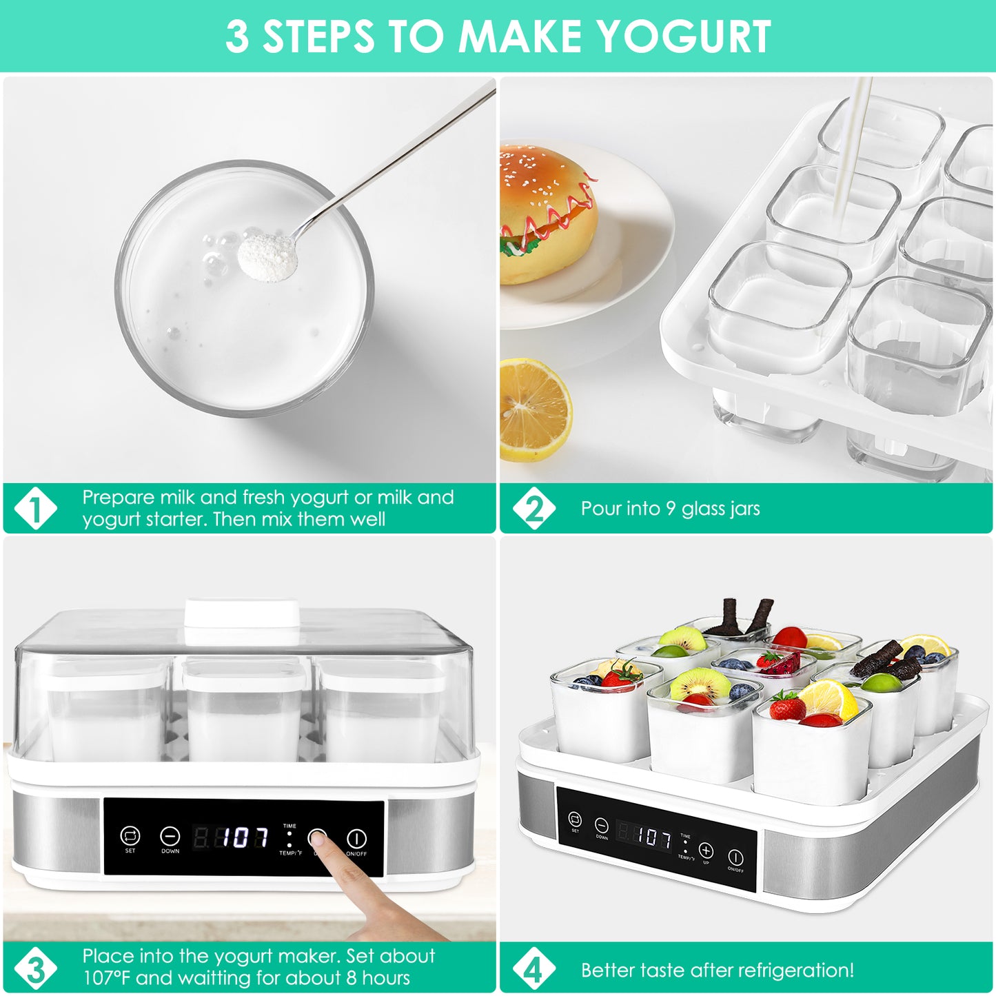 pirecart Yogurt Maker Machine, Greek Yogurt Maker with Temperature Control & Time Control, Automatic Digital Yogurt Machine is Easy to Use, Glass Jars are Easy to Clean, Perfect for Home Organic Yogurt