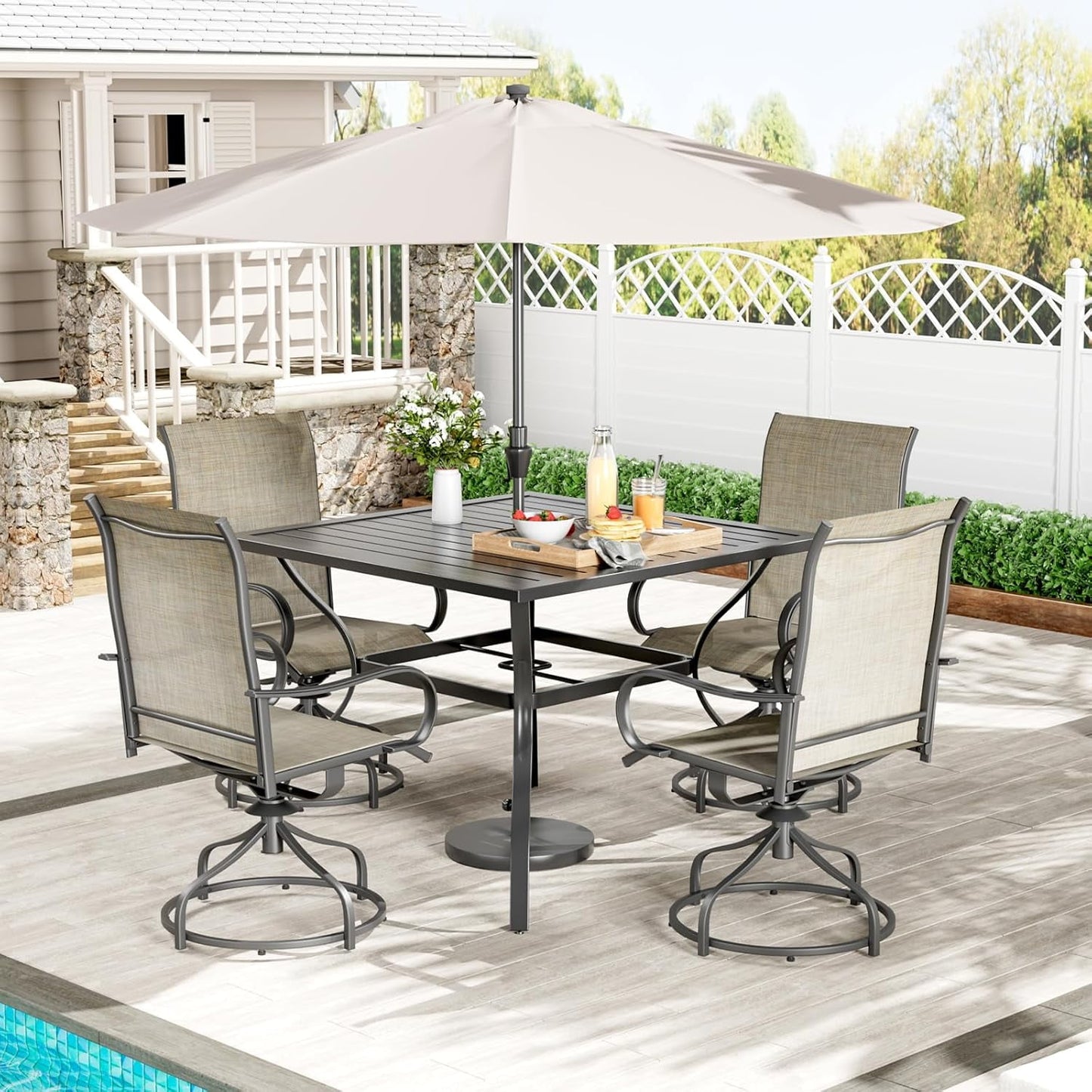 Pirecart 5 Piece Patio Dining Set, Outdoor Table and Chairs W/1.57"-1.8" Adjustable Umbrella Hole, 37" Square Metal Table and 4 Patio 360° Swivel Chairs