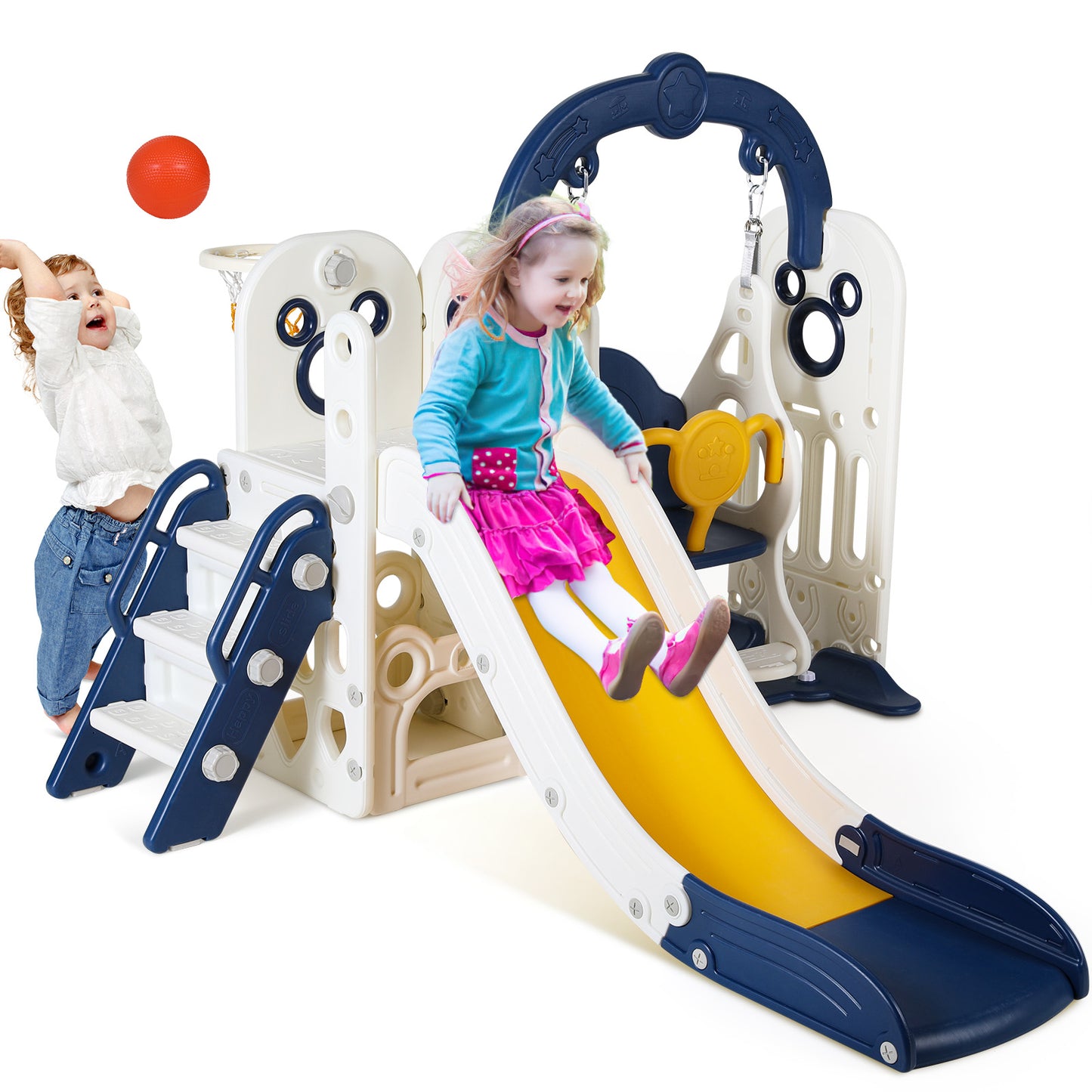 pirecart Swing Slide for Kids, 5 in 1 Slide Climber for Toddler, with Ball & Hoop