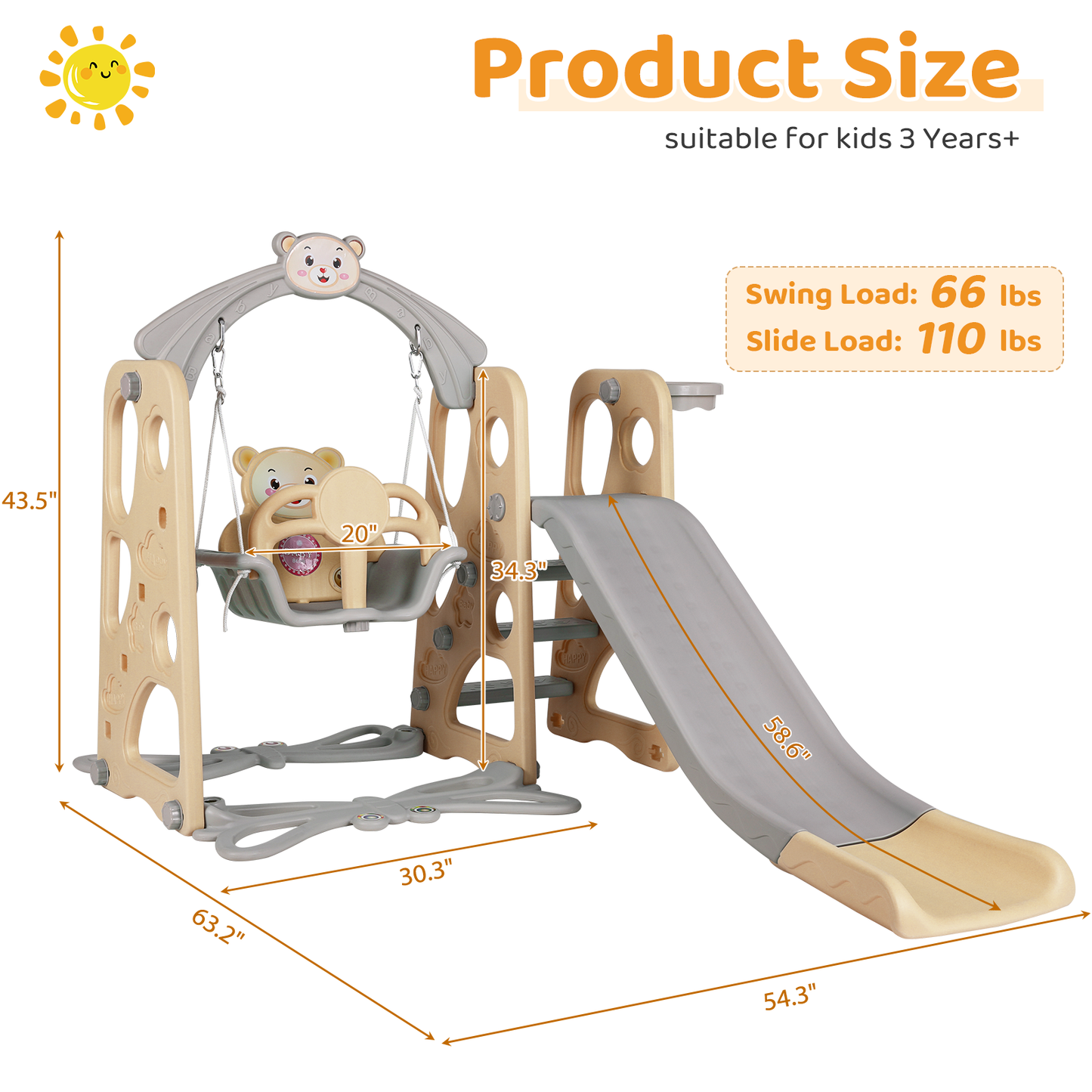 pirecart Toddler Slide and Swing Set, Baby Climber Slide Playset with Basketball Hoop