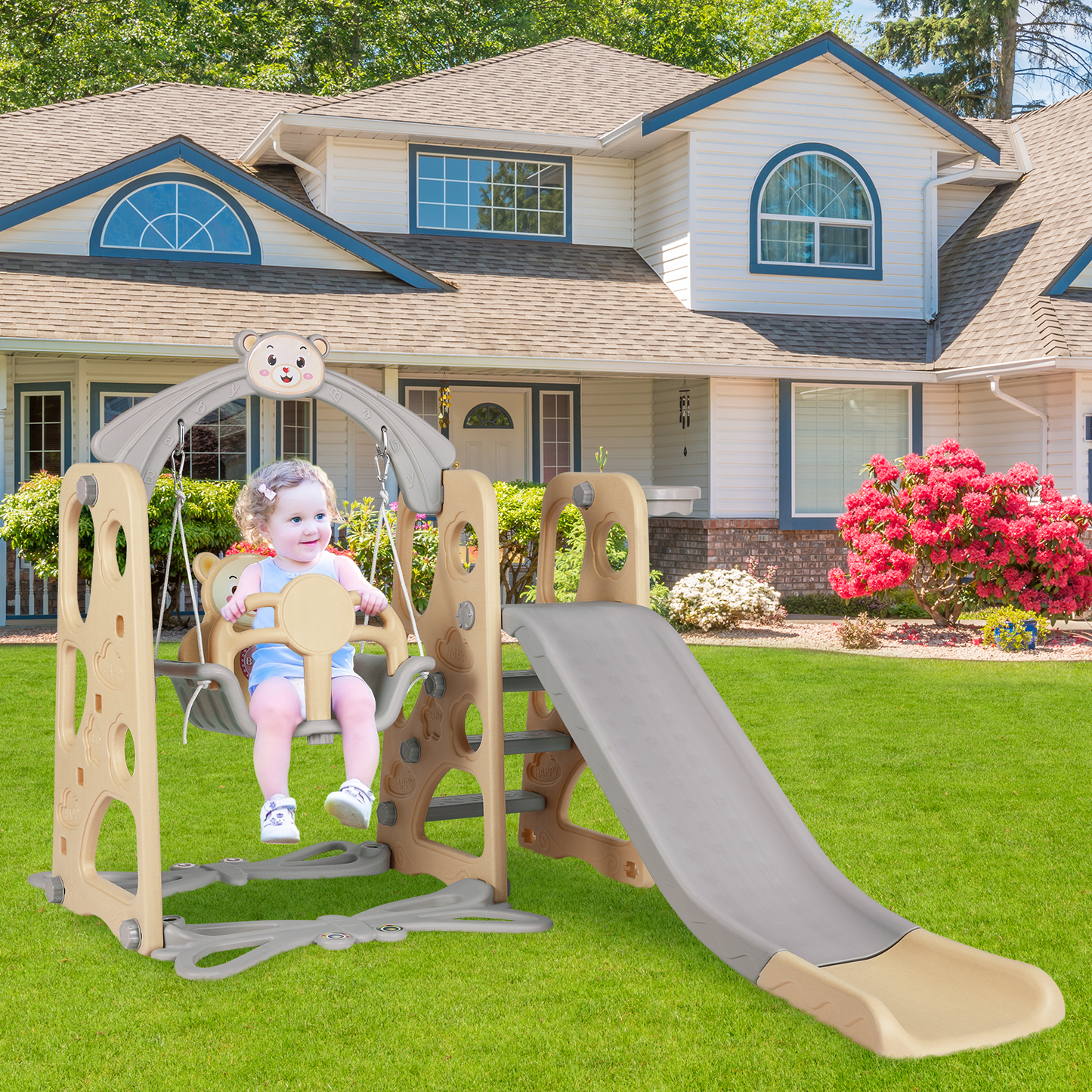 pirecart Toddler Slide and Swing Set, Baby Climber Slide Playset with Basketball Hoop