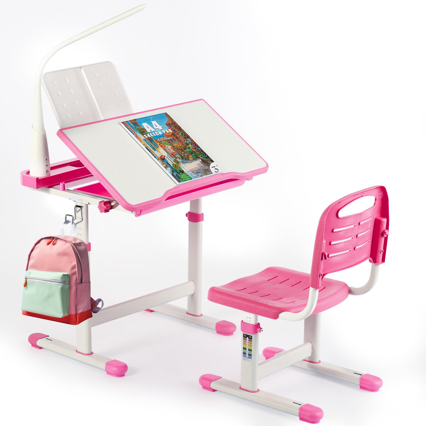 pirecart Kids Desk and Chair Set, Adjustable Desk & Chair with LED Lamp, 40-Degree Tiltable Desktop, 3 Modes Light