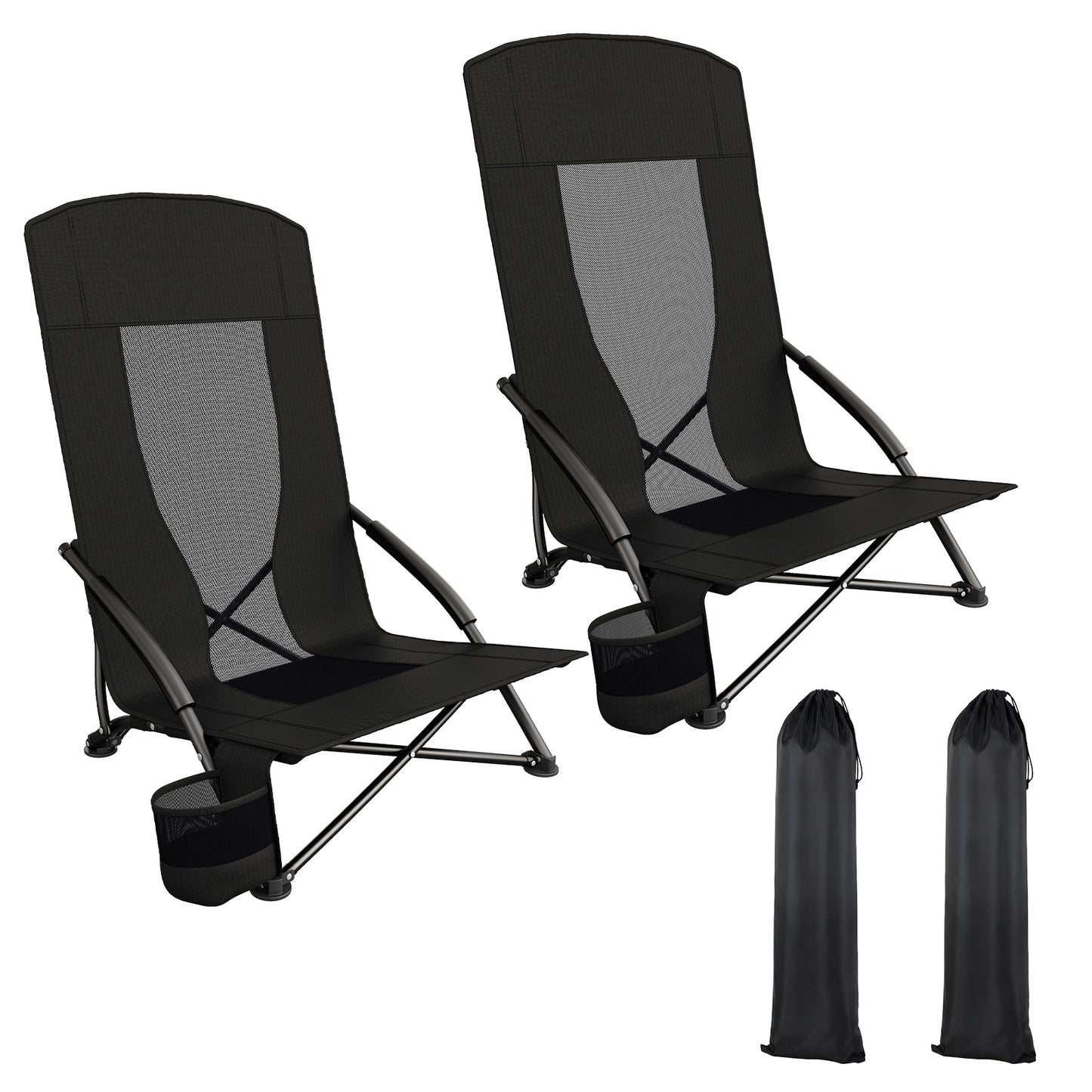 Pirecart 28.5″ High Back Folding Beach Chair, 2 PCS Portable Low Beach Chair W/ Mesh Back & Padded Armrest, Cup Holder, for Camping, Outdoor, Travel
