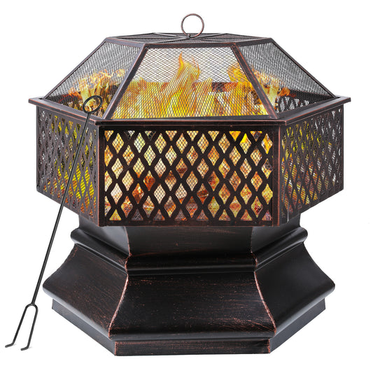 pirecart 28"/30" Hex Shaped Fire Pit Wood Burning Patio Deck Stove Fireplace Table with Poker