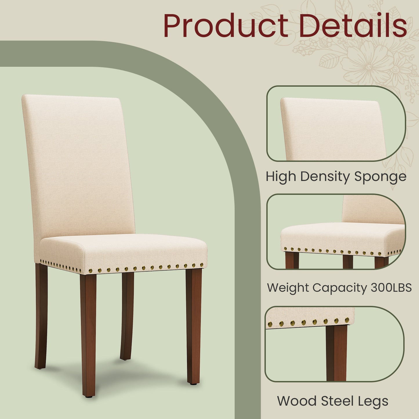 Pirecart 4 PCS Upholstered Dining Chairs Set, Tufted Parsons Design Kitchen Chairs with Nail Head Trim, Solid Wood Legs and Padded Seat, for Kitchen, Dining Room, Living Room