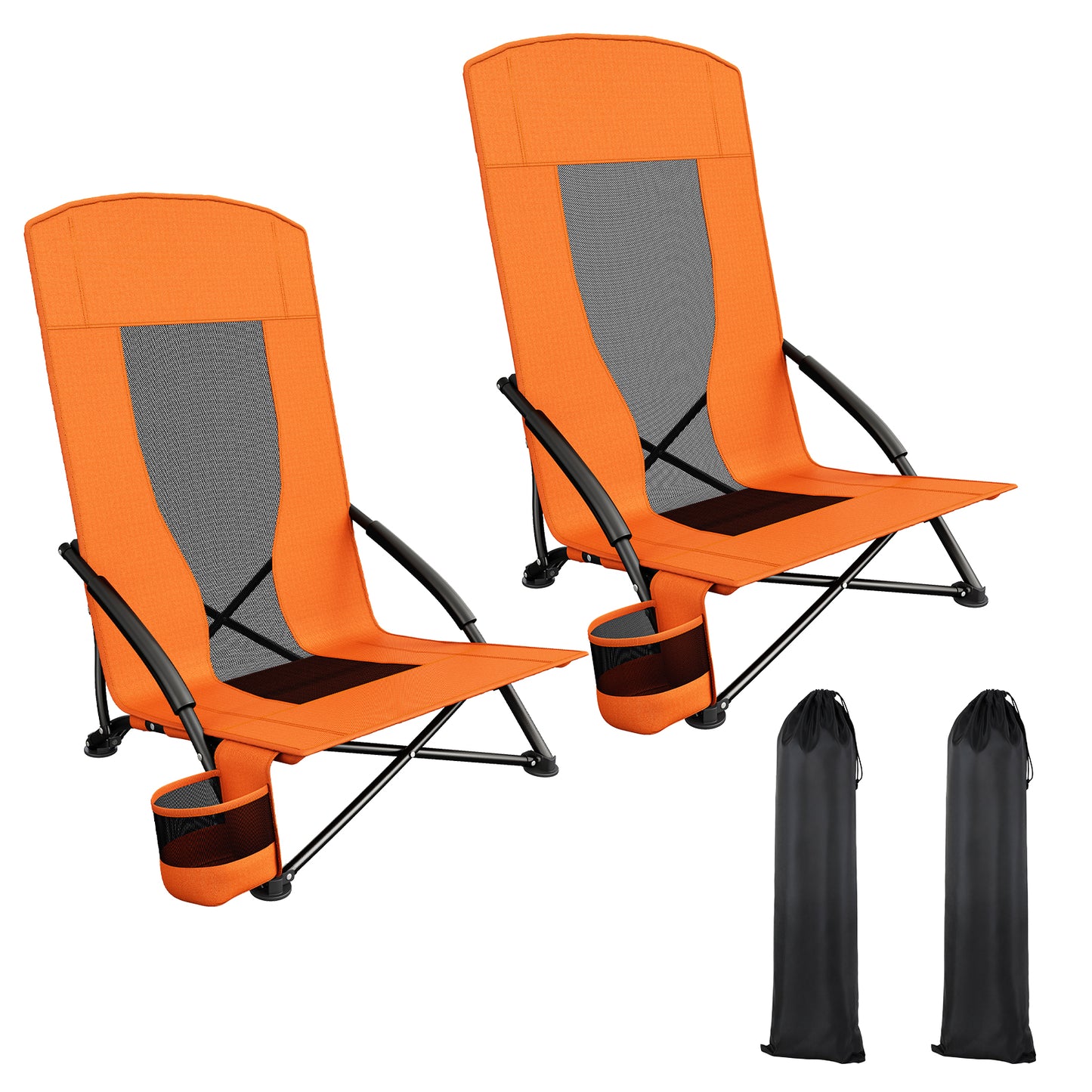 Pirecart 28.5″ High Back Folding Beach Chair, 2 PCS Portable Low Beach Chair W/ Mesh Back & Padded Armrest, Cup Holder, for Camping, Outdoor, Travel