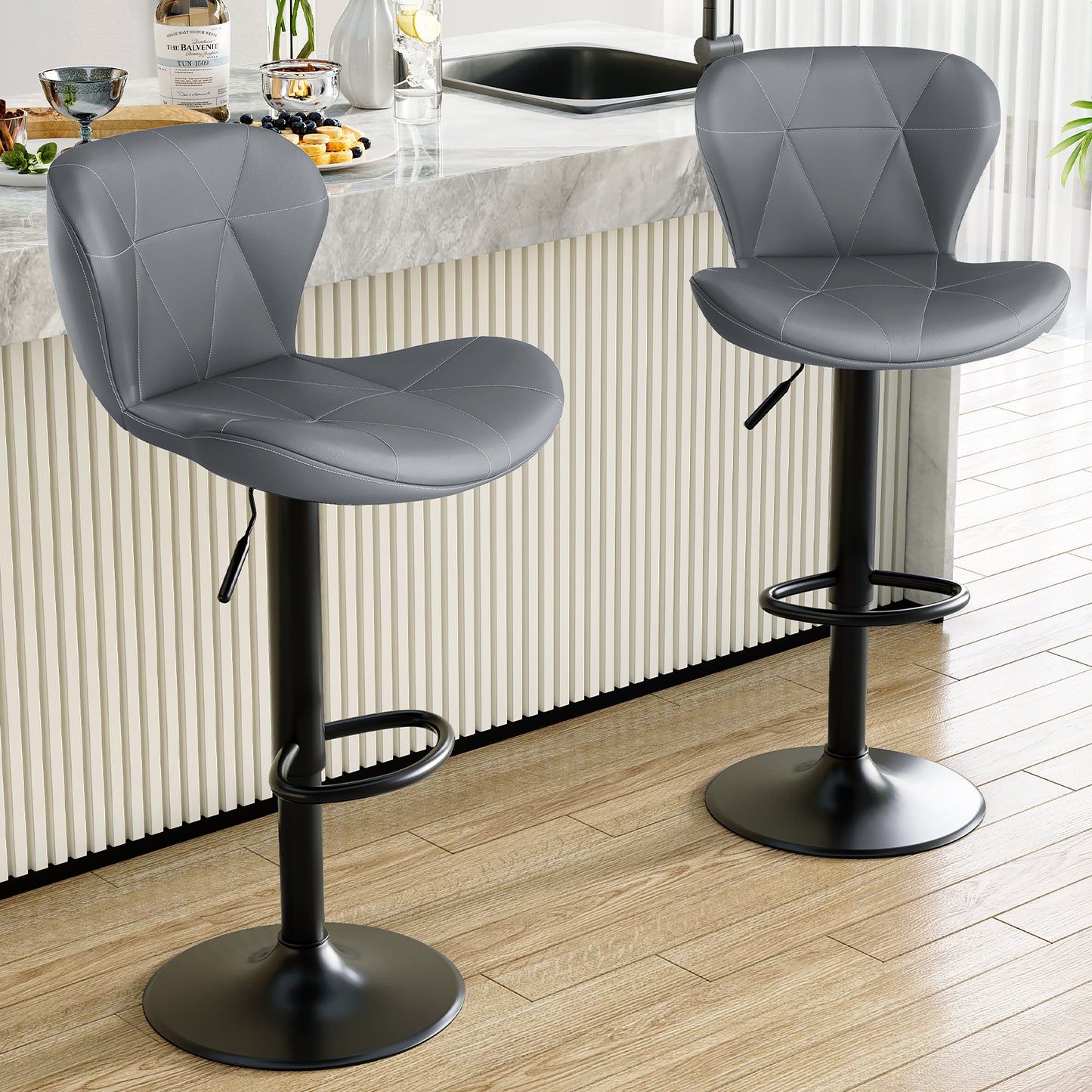 Pirecart Set of 2 Bar Stools, Bar Stools for Dining, Entertainment Center, PU Leather, Hight Adjustable Bar Chairs, Swivel Bar Stools with Back and Footrest