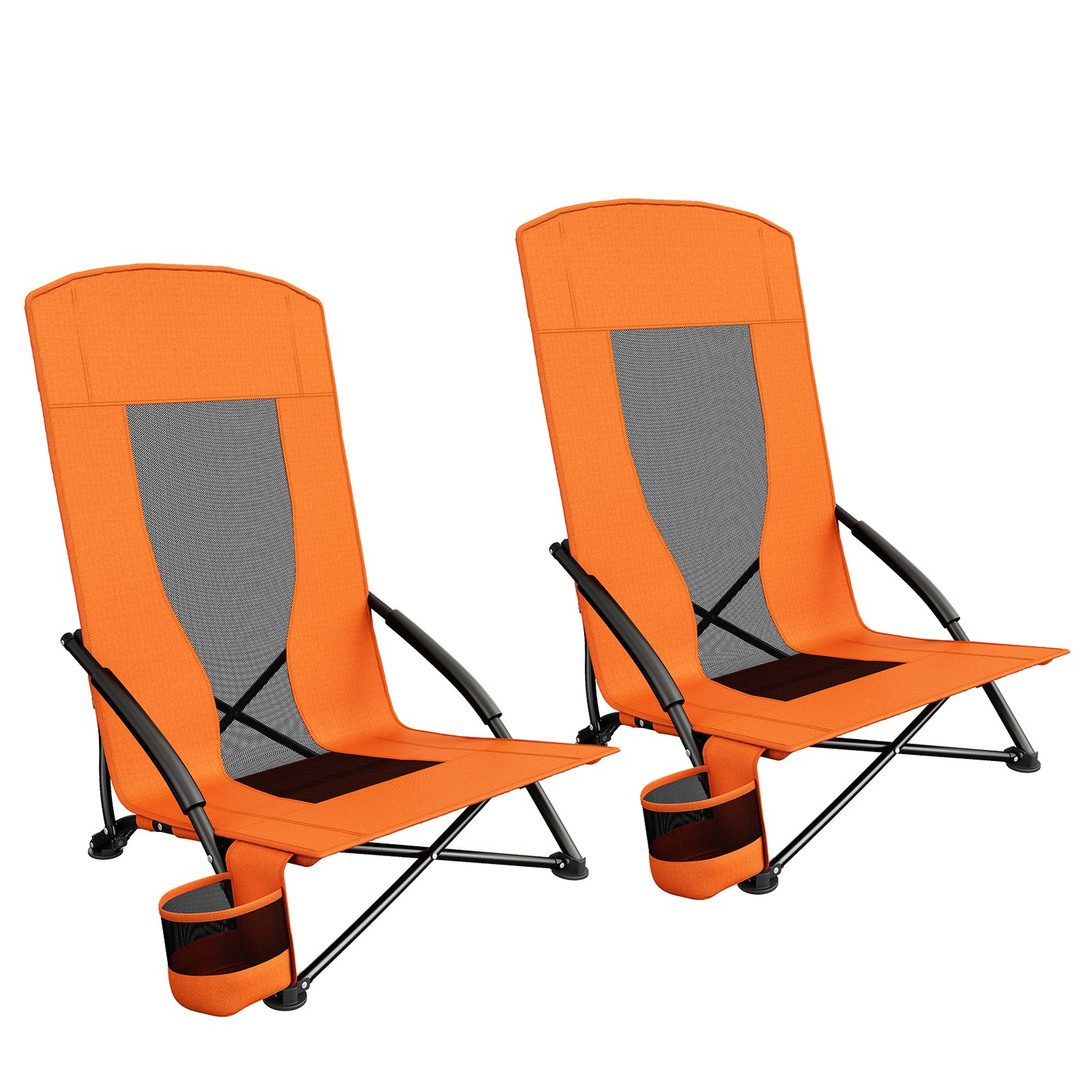 Pirecart 28.5″ High Back Folding Beach Chair, 2 PCS Portable Low Beach Chair W/ Mesh Back & Padded Armrest, Cup Holder, for Camping, Outdoor, Travel