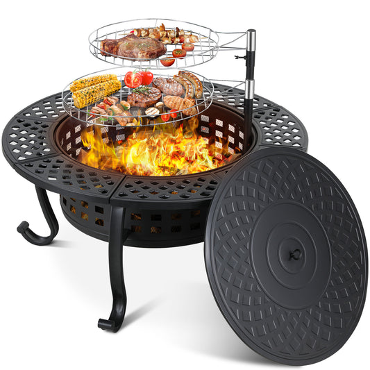 pirecart 37in 3 in 1 Large Wood Burning Fire Pits with 2  galvanized steel Grills, Lid and Fire Poker for Patio, Backyard, Bonfire Party, BBQ