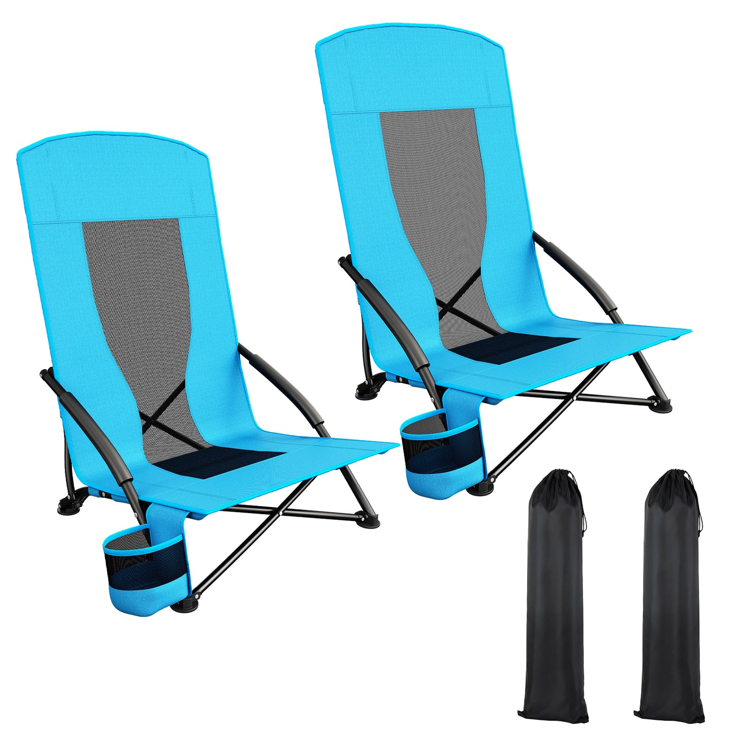 Pirecart 28.5″ High Back Folding Beach Chair, 2 PCS Portable Low Beach Chair W/ Mesh Back & Padded Armrest, Cup Holder, for Camping, Outdoor, Travel