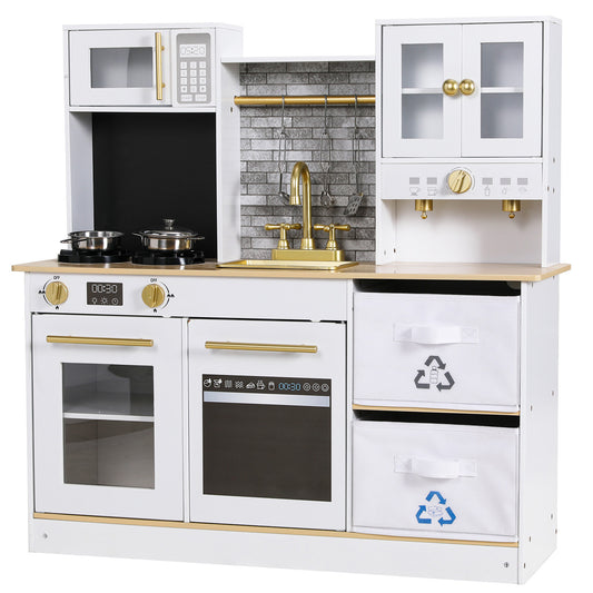 pirecart Kids Play Kitchen Wooden Pretend Toy Kitchen with Utensils, Sink, Microwave, Lights, Sounds and 2 Fabric Boxes