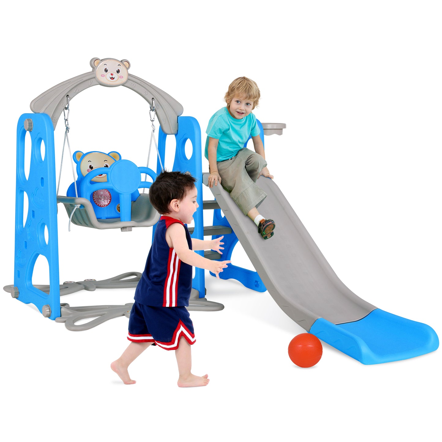 pirecart Toddler Slide and Swing Set, 4 in 1 Kids Play Climber Slide Playset w/Ball Hoop