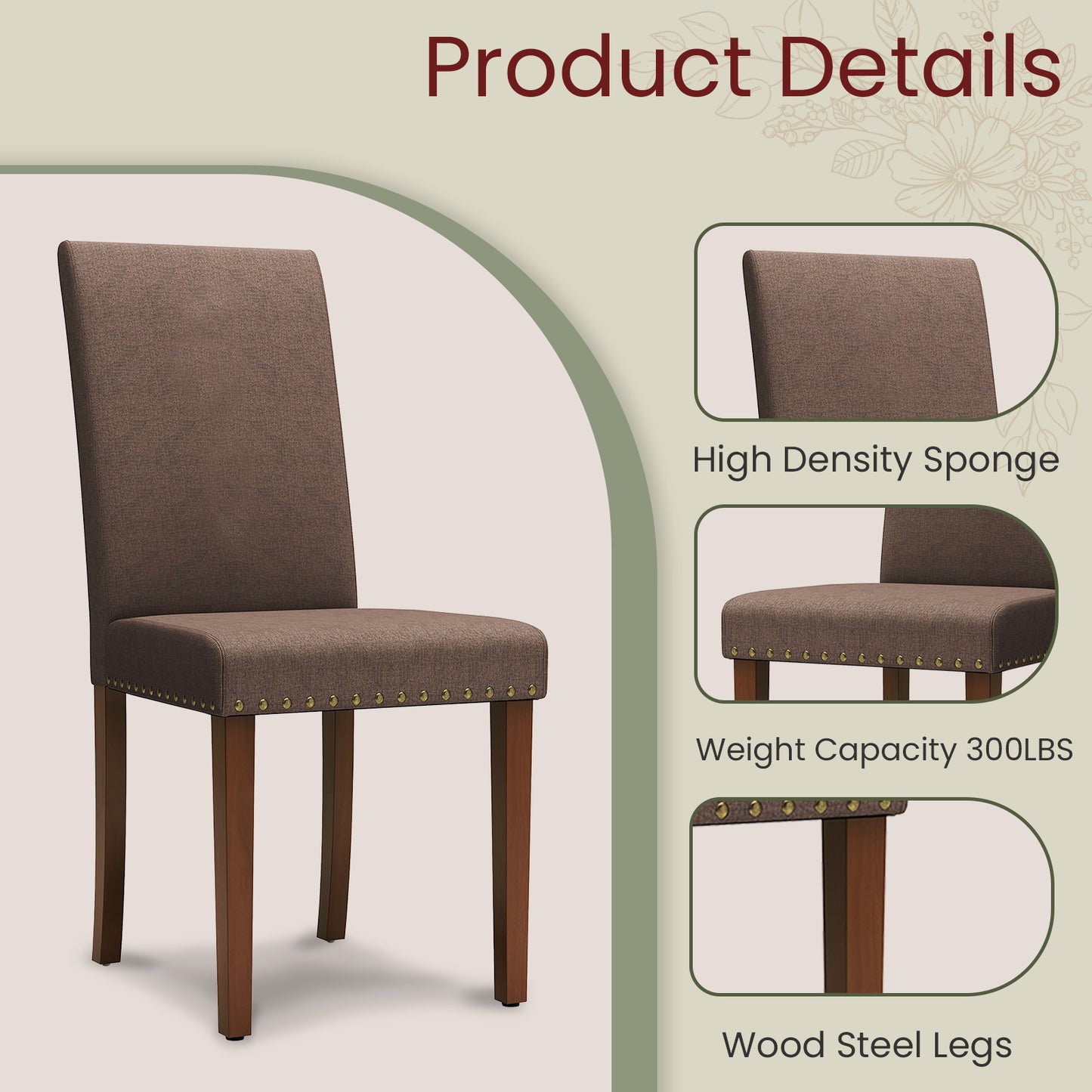 Pirecart 4 PCS Upholstered Dining Chairs Set, Tufted Parsons Design Kitchen Chairs with Nail Head Trim, Solid Wood Legs and Padded Seat, for Kitchen, Dining Room, Living Room