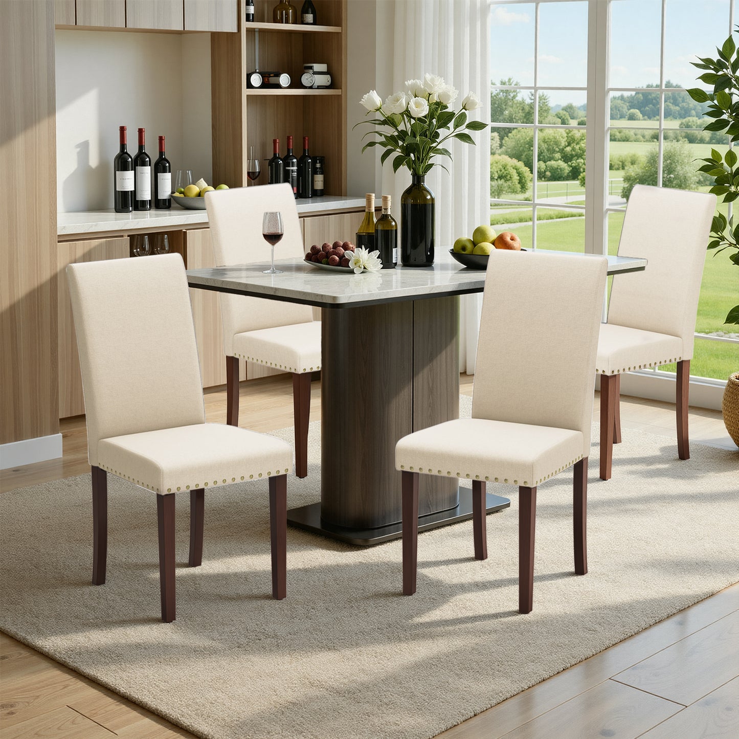 Pirecart 4 PCS Upholstered Dining Chairs Set, Tufted Parsons Design Kitchen Chairs with Nail Head Trim, Solid Wood Legs and Padded Seat, for Kitchen, Dining Room, Living Room