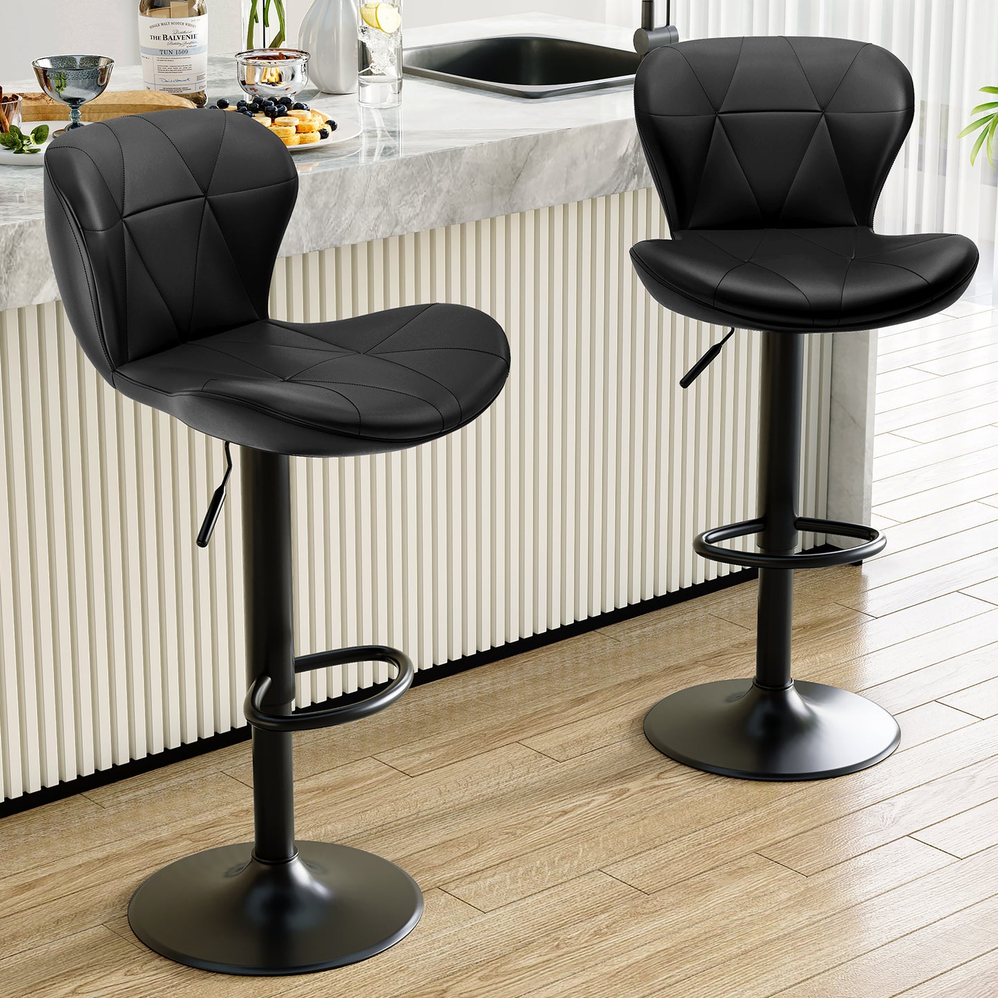Pirecart Set of 2 Bar Stools, Bar Stools for Dining, Entertainment Center, PU Leather, Hight Adjustable Bar Chairs, Swivel Bar Stools with Back and Footrest