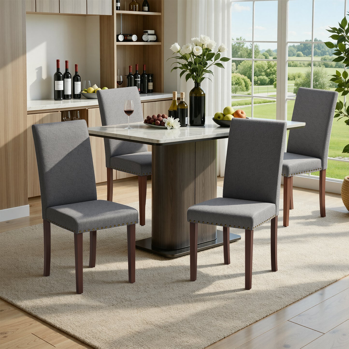Pirecart 4 PCS Upholstered Dining Chairs Set, Tufted Parsons Design Kitchen Chairs with Nail Head Trim, Solid Wood Legs and Padded Seat, for Kitchen, Dining Room, Living Room