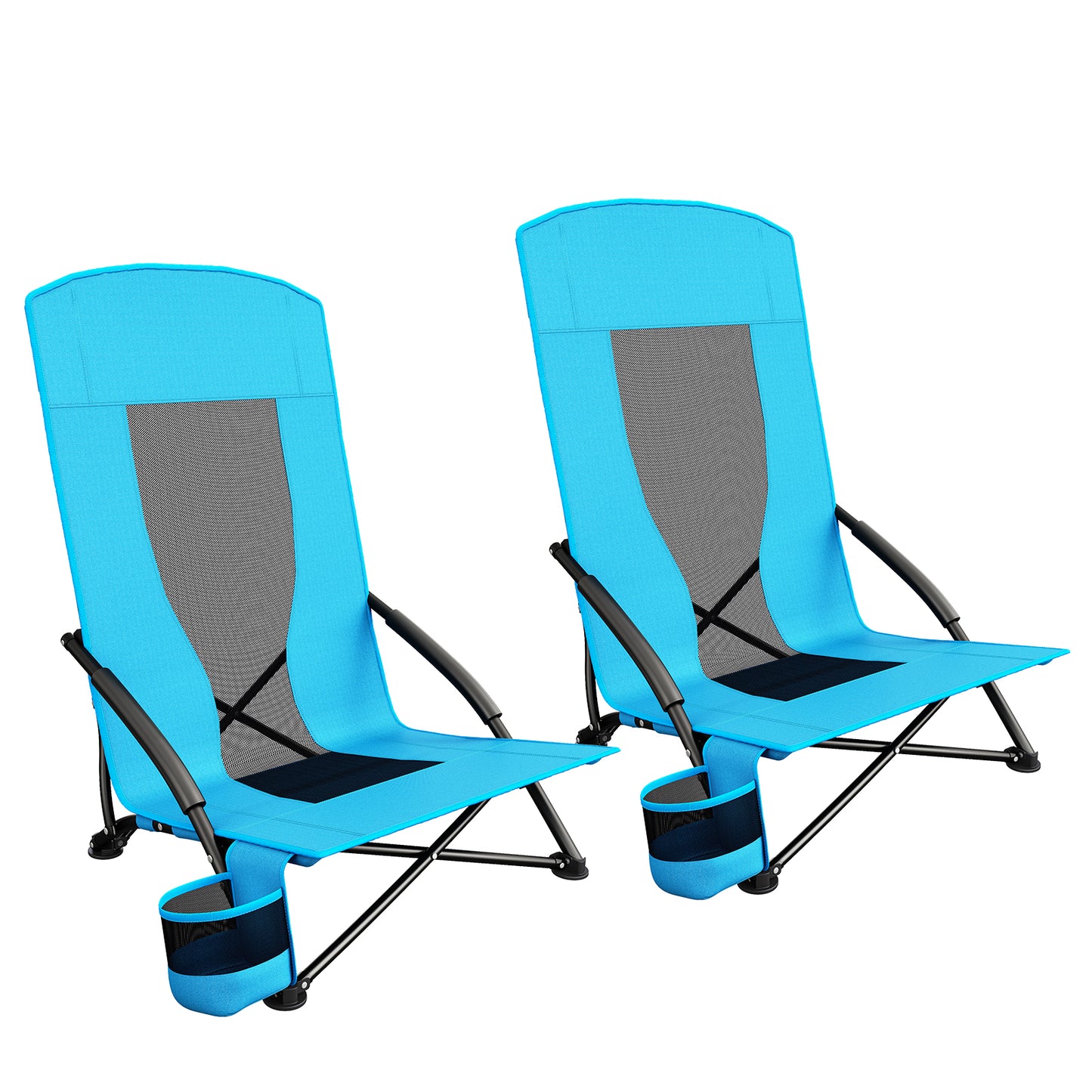 Pirecart 28.5″ High Back Folding Beach Chair, 2 PCS Portable Low Beach Chair W/ Mesh Back & Padded Armrest, Cup Holder, for Camping, Outdoor, Travel
