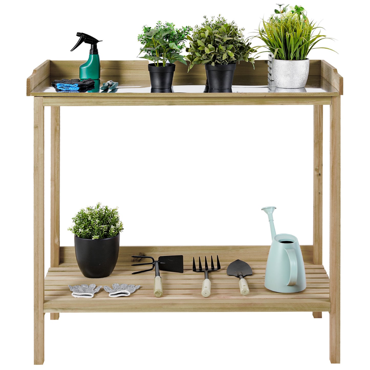 pirecart Potting Bench, Garden Table,Outside Planting Station,Wooden Greenhouse Potters Bench with Galvanized Iron Tabletop