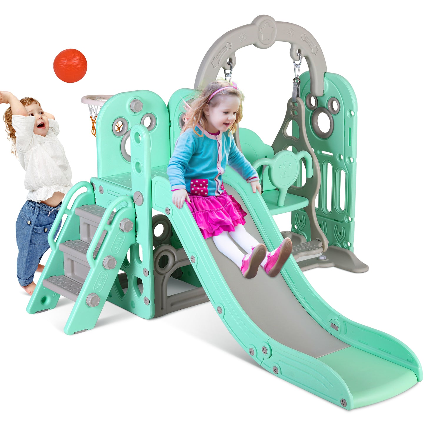 pirecart 5 in 1 Kids Swing Slide Playset, Slide Climber for Toddler with Ball & Hoop