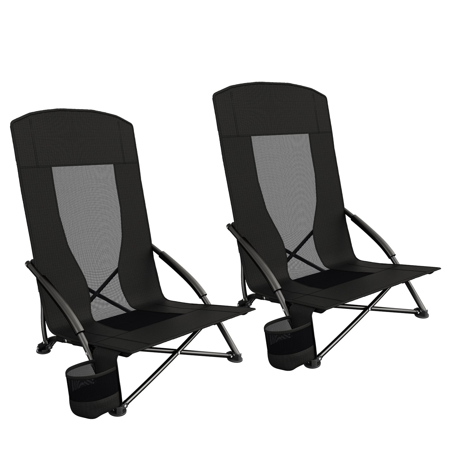 Pirecart 28.5″ High Back Folding Beach Chair, 2 PCS Portable Low Beach Chair W/ Mesh Back & Padded Armrest, Cup Holder, for Camping, Outdoor, Travel