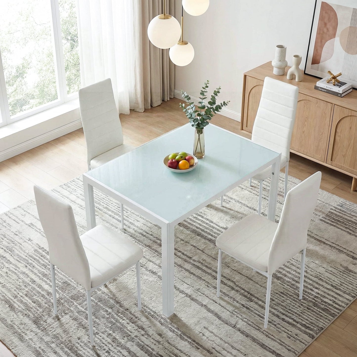 Pirecart Dining Set of 5, 4 Upholstered PU Chairs W/ Tempered Glass Dining Table, Esay-Cleaning & Space-Saving Dining set, Metal Steel Frame Dining Room Set