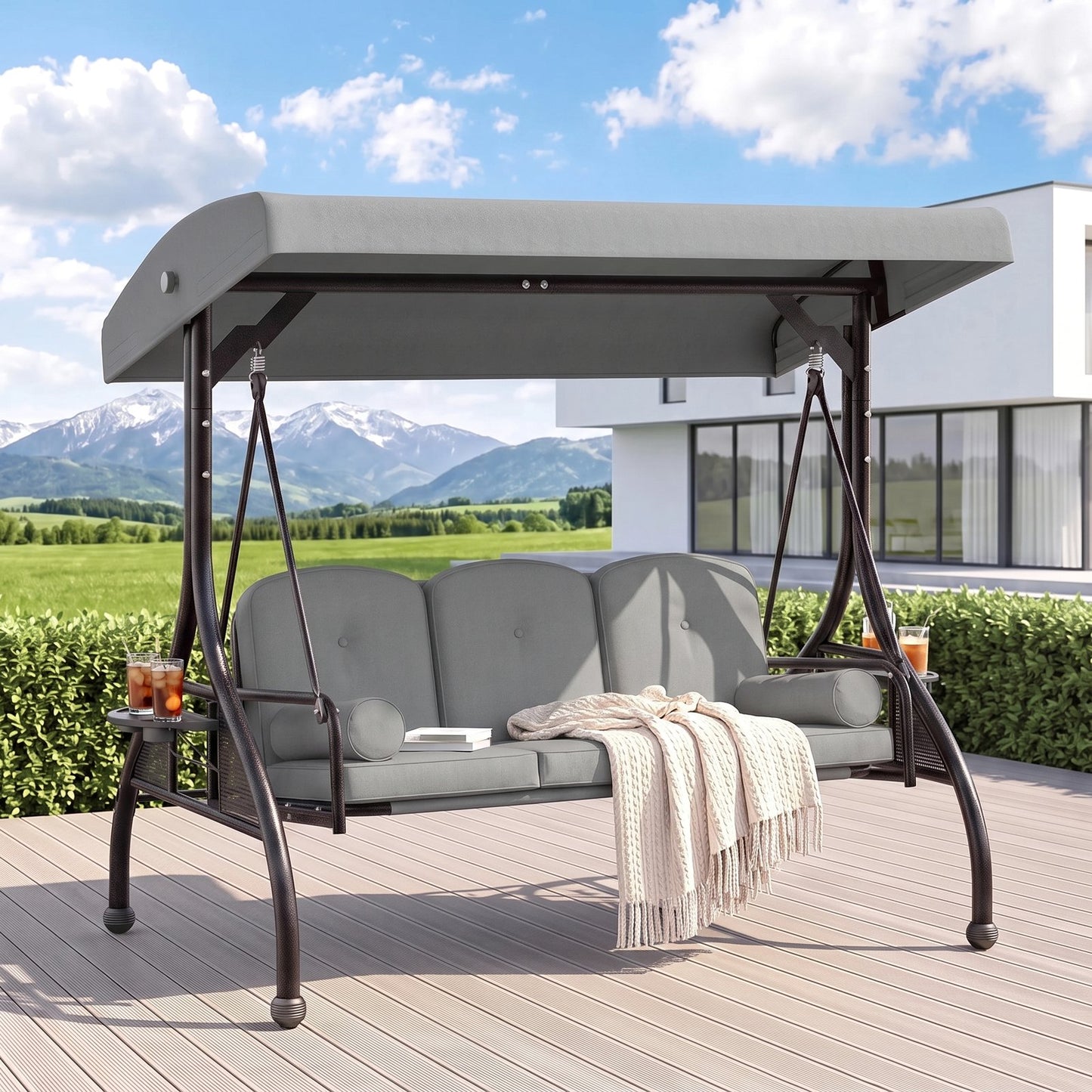 Pirecart Patio Porch Swing, 3 Seat Porch Swing with Stand and Adjustable Canopy, Outdoor Swing with Cup Holder & 180° Reclining Chair Back for Yard Garden Deck