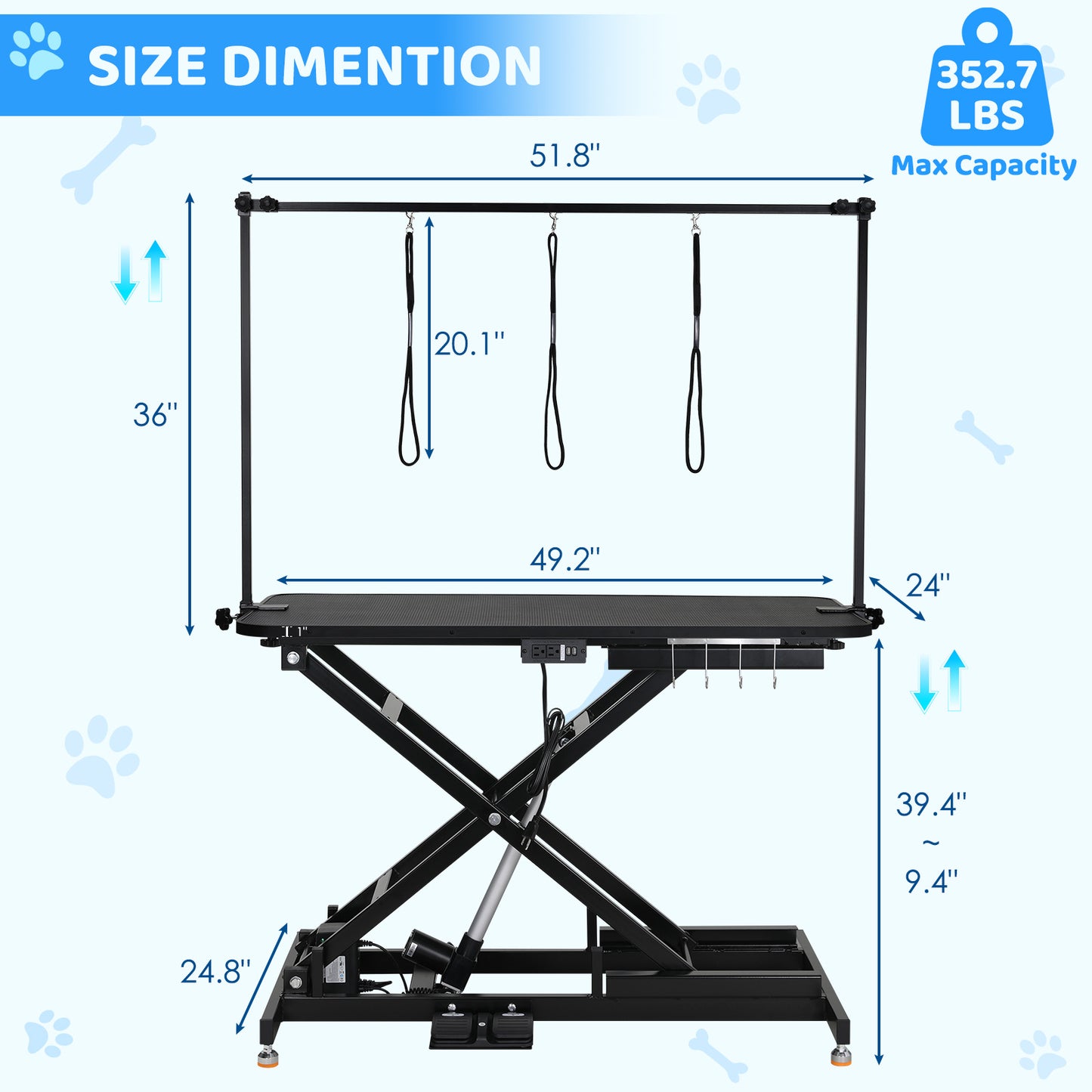 pirecart 49" Electric Dog Grooming Table, Professional Heavy Duty Pet Hydraulic Grooming Table w/Overhead Arm, 3 Noose