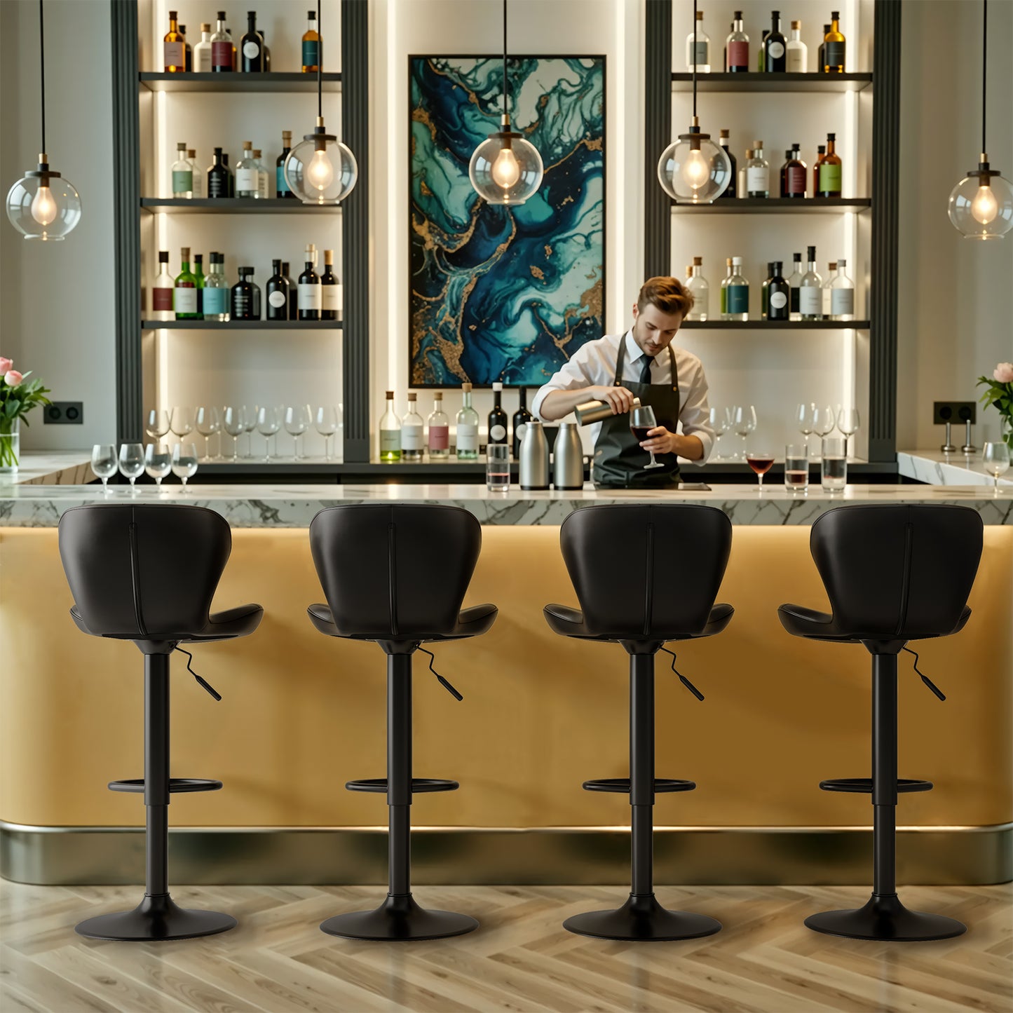 Pirecart Set of 2 Bar Stools, Bar Stools for Dining, Entertainment Center, PU Leather, Hight Adjustable Bar Chairs, Swivel Bar Stools with Back and Footrest