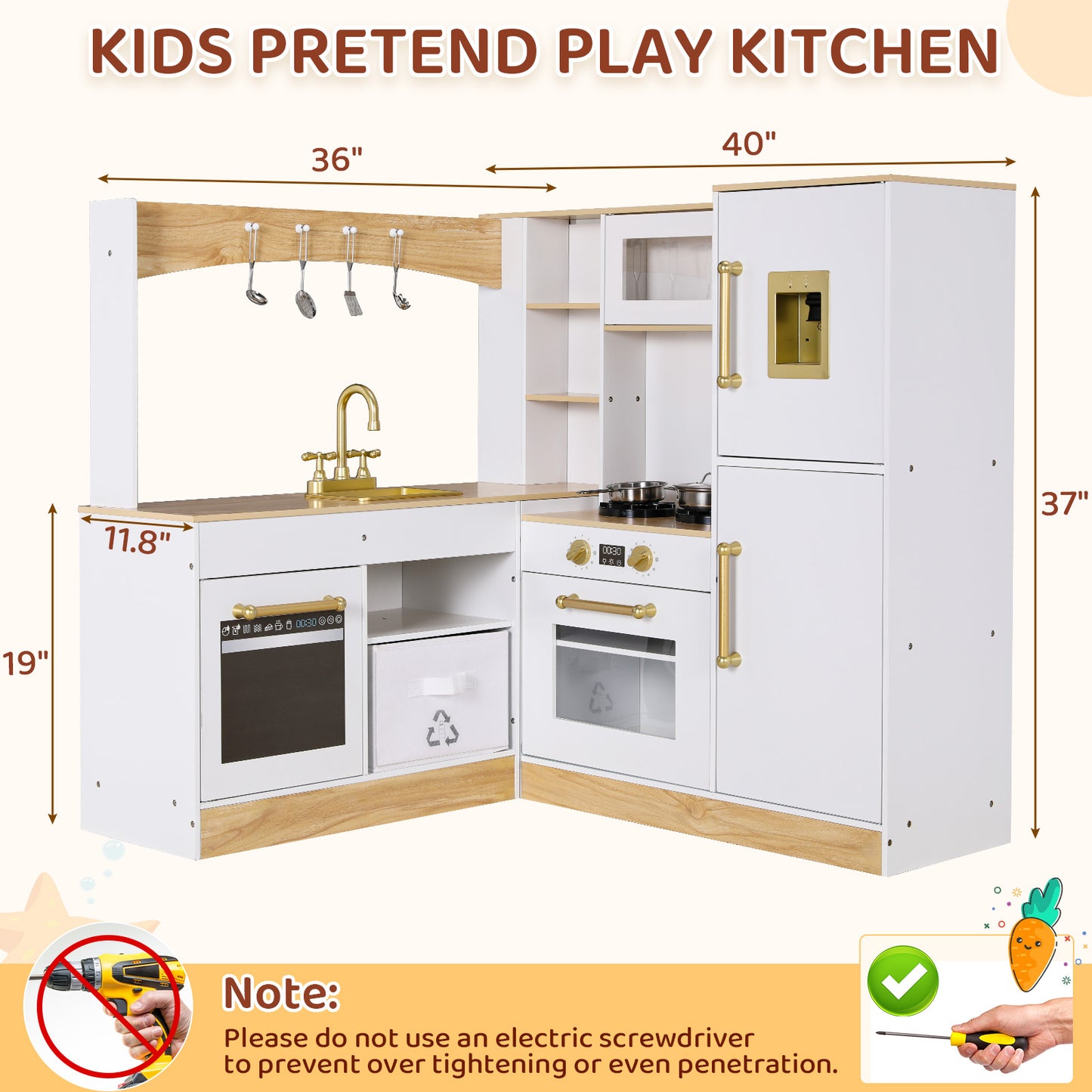 pirecart Large Corner Play Kitchen for Kids, Wooden Pretend Toy Kitchen Toodler Cooking Playset with Light & Sound