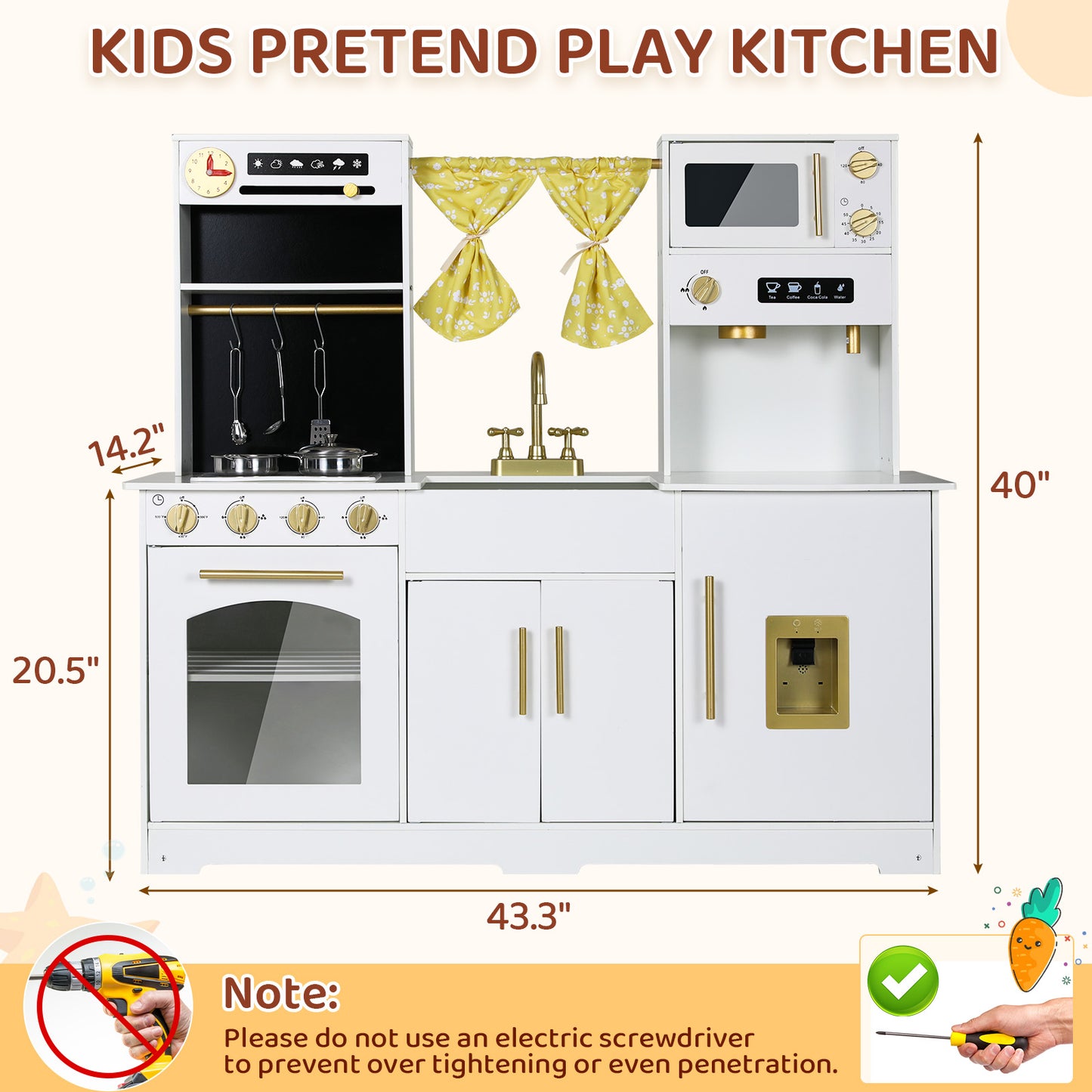 pirecart Kids Play Kitchen, Wooden Pretend Toy Kitchen, Toodler Cooking Playset w/Stove, Sink, Microwave, Water Dispenser, Curtain