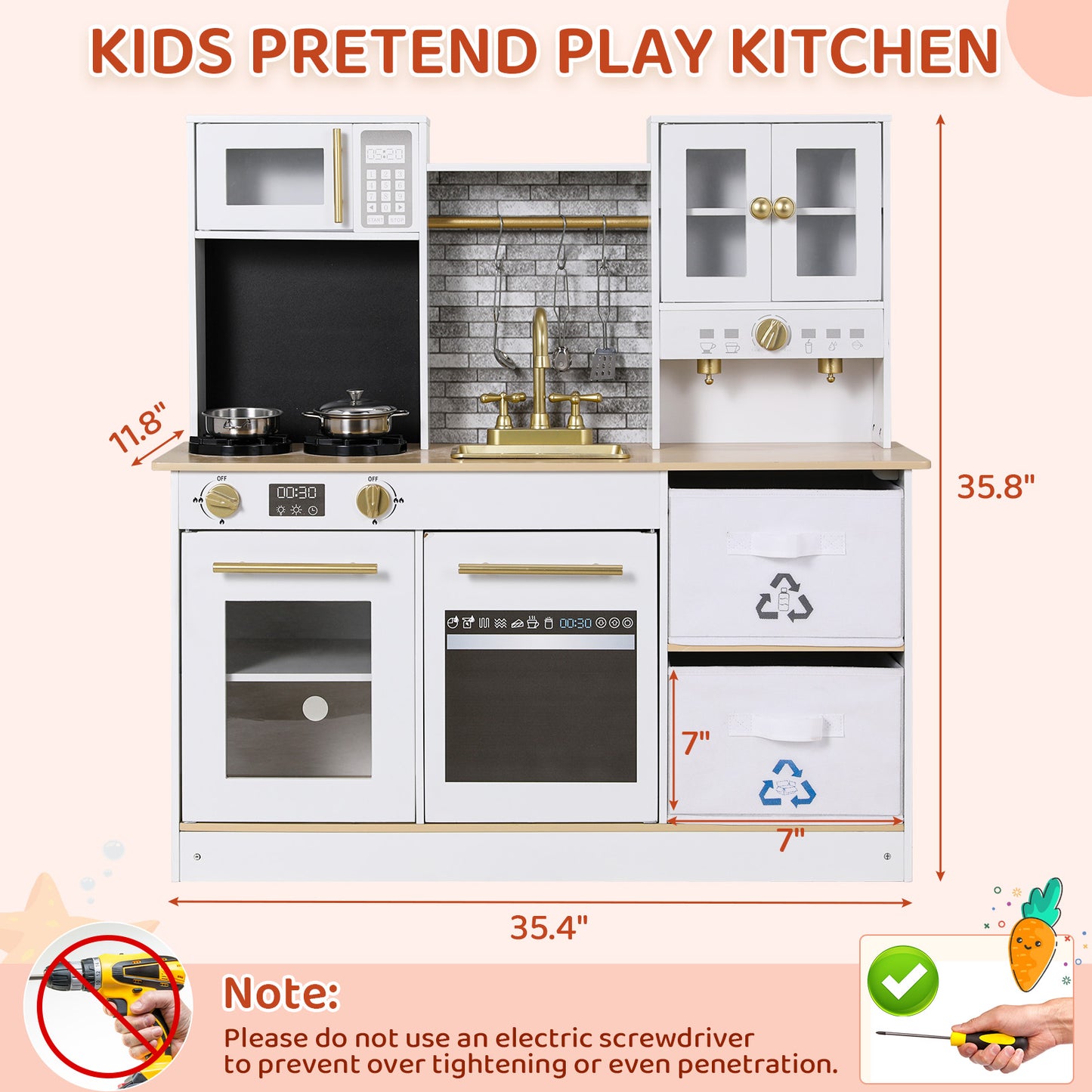 pirecart Kids Play Kitchen Wooden Pretend Toy Kitchen with Utensils, Sink, Microwave, Lights, Sounds and 2 Fabric Boxes