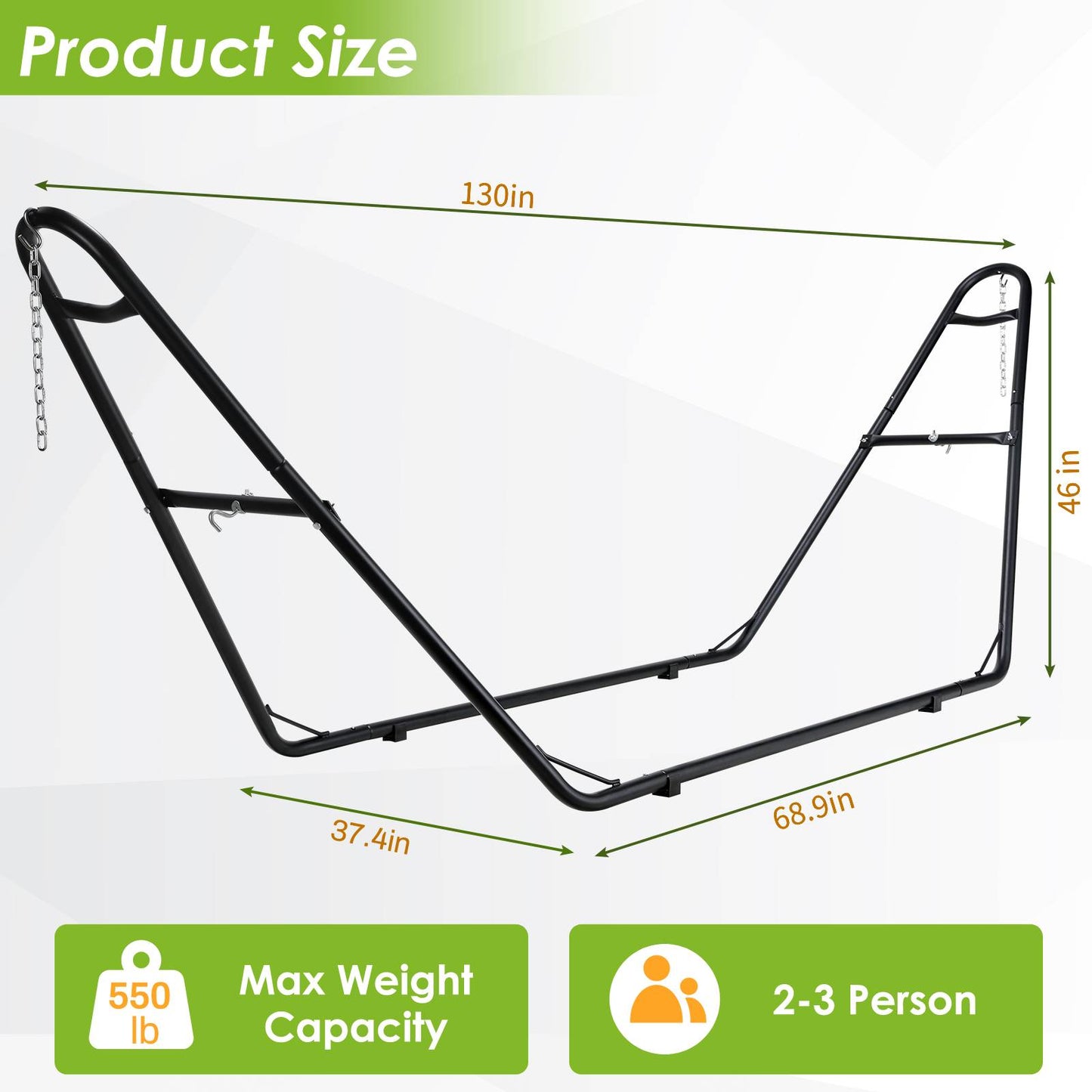 Pirecart 2-3 Person Heavy Duty Hammock Stand, 550 Lb Capacity, Adjustable Metal Hammock Frame, Camping, Backyard, Patio
