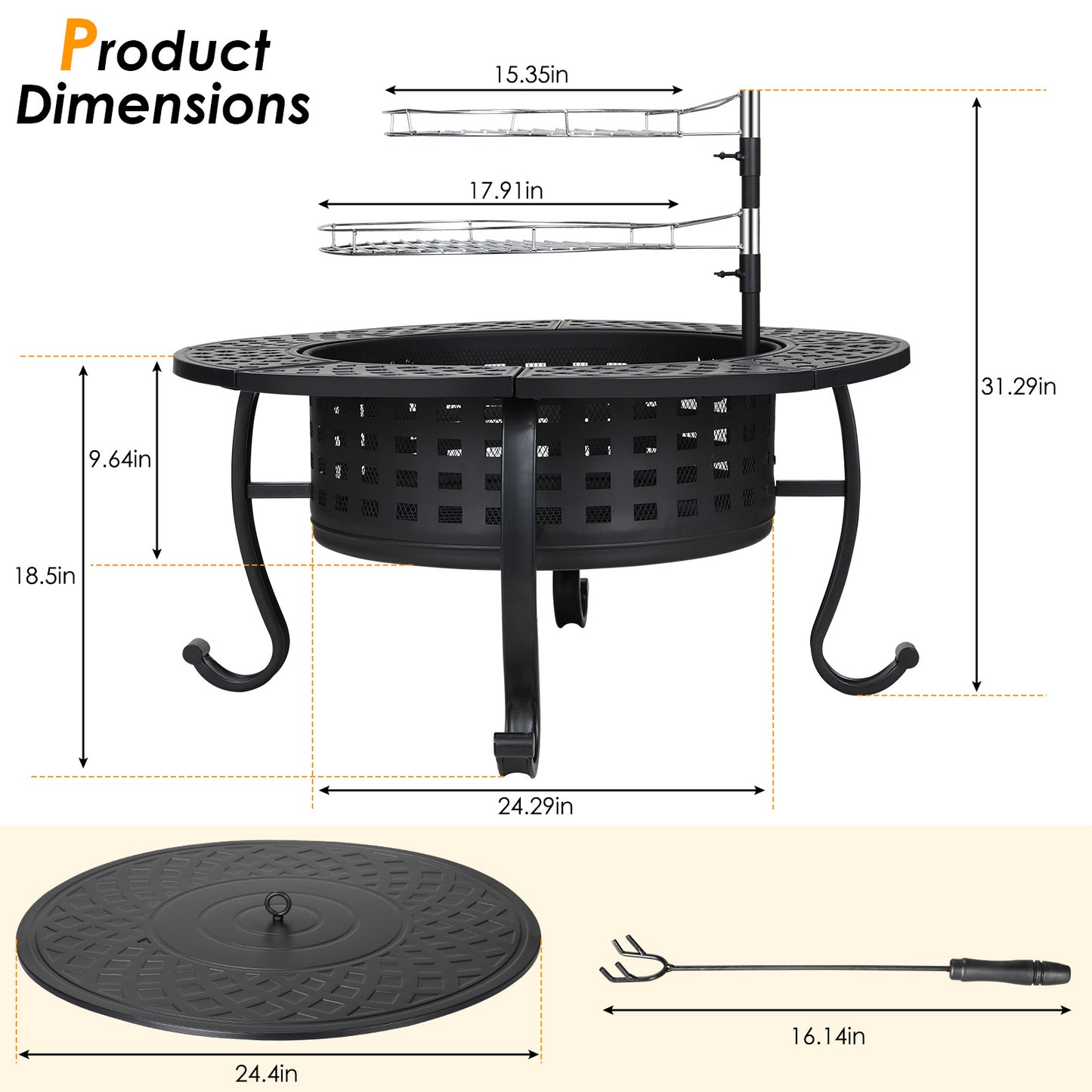 pirecart 37in 3 in 1 Large Wood Burning Fire Pits with 2  galvanized steel Grills, Lid and Fire Poker for Patio, Backyard, Bonfire Party, BBQ