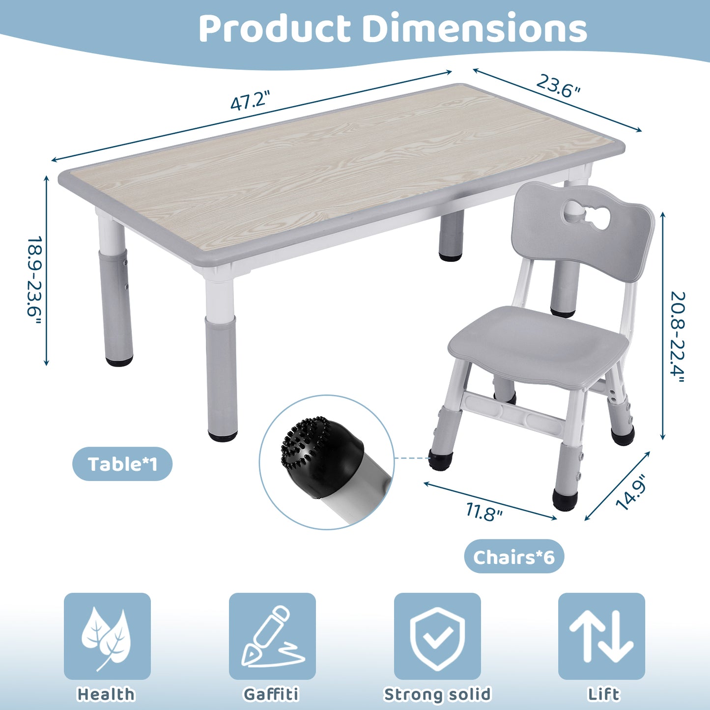 pirecart Height Adjustable Kids Table and 6 Chairs Set for Boys and Girls Age 3-12