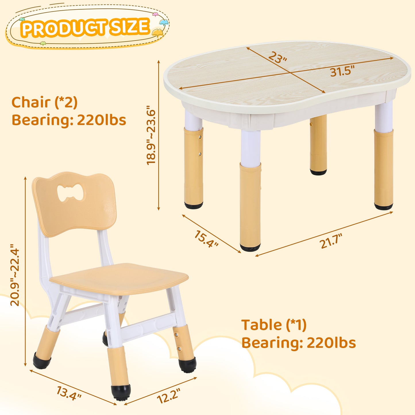 pirecart Kids Table and 2 Chairs Set, Toddler Art Table Height Adjustable