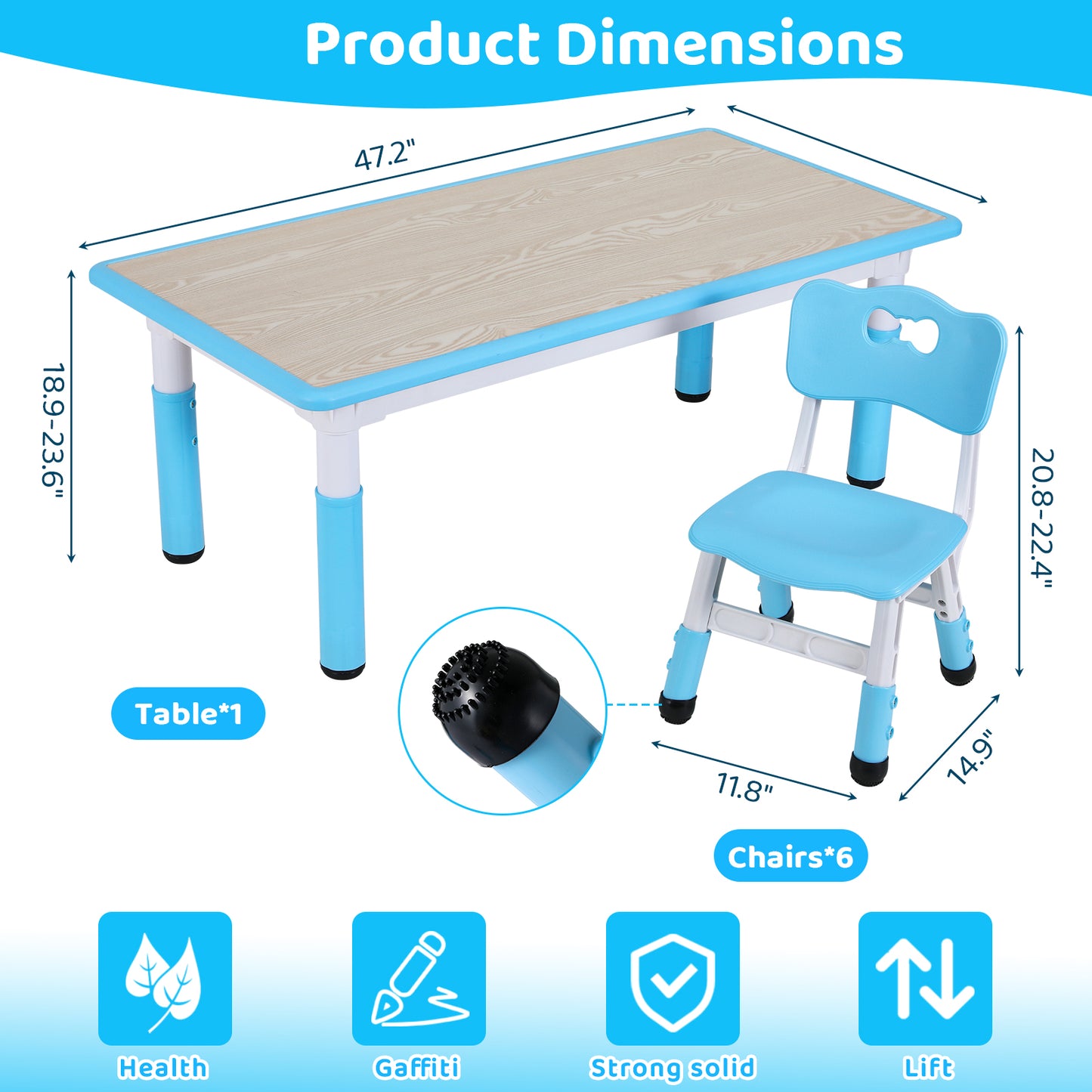 pirecart Kids Table and 6 Chairs Set, Height Adjustable Graffiti Table