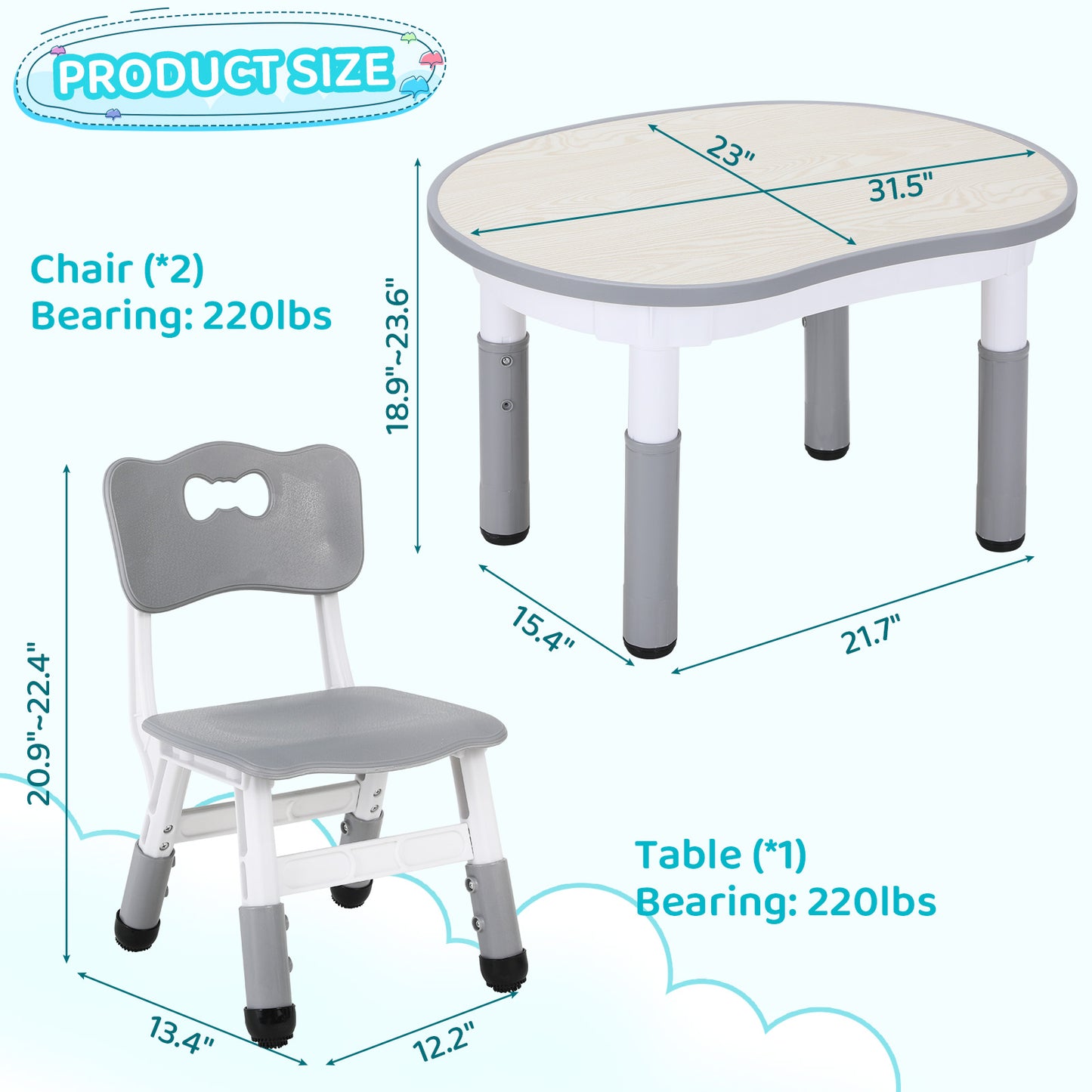 pirecart Kids Table and 2 Chairs Set Height Adjustable, Kids Art Table with Graffiti Desktop